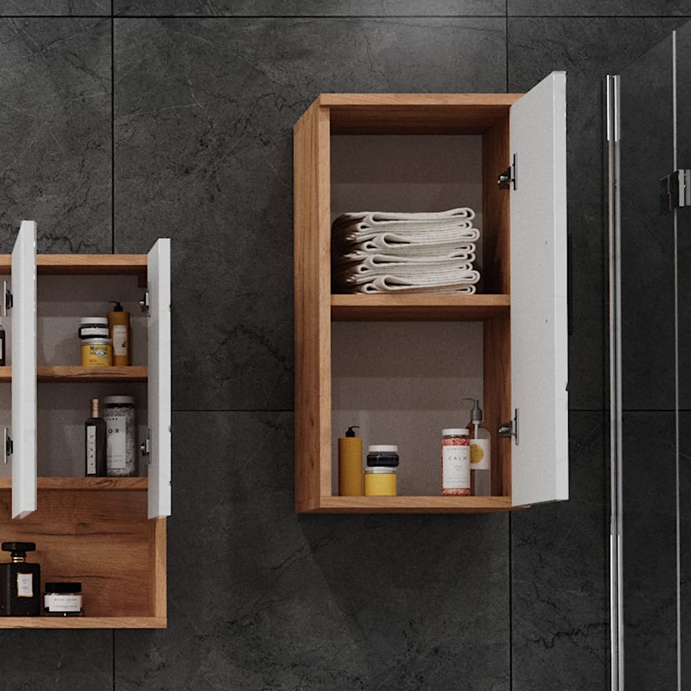 Vicco Badschrank Irma, Weiß Hochglanz/Goldkraft Eiche, 30 x 59 cm mit Regal, zur Wandmontage geeignet und mit weiteren Irma Möbeln kombinierbar