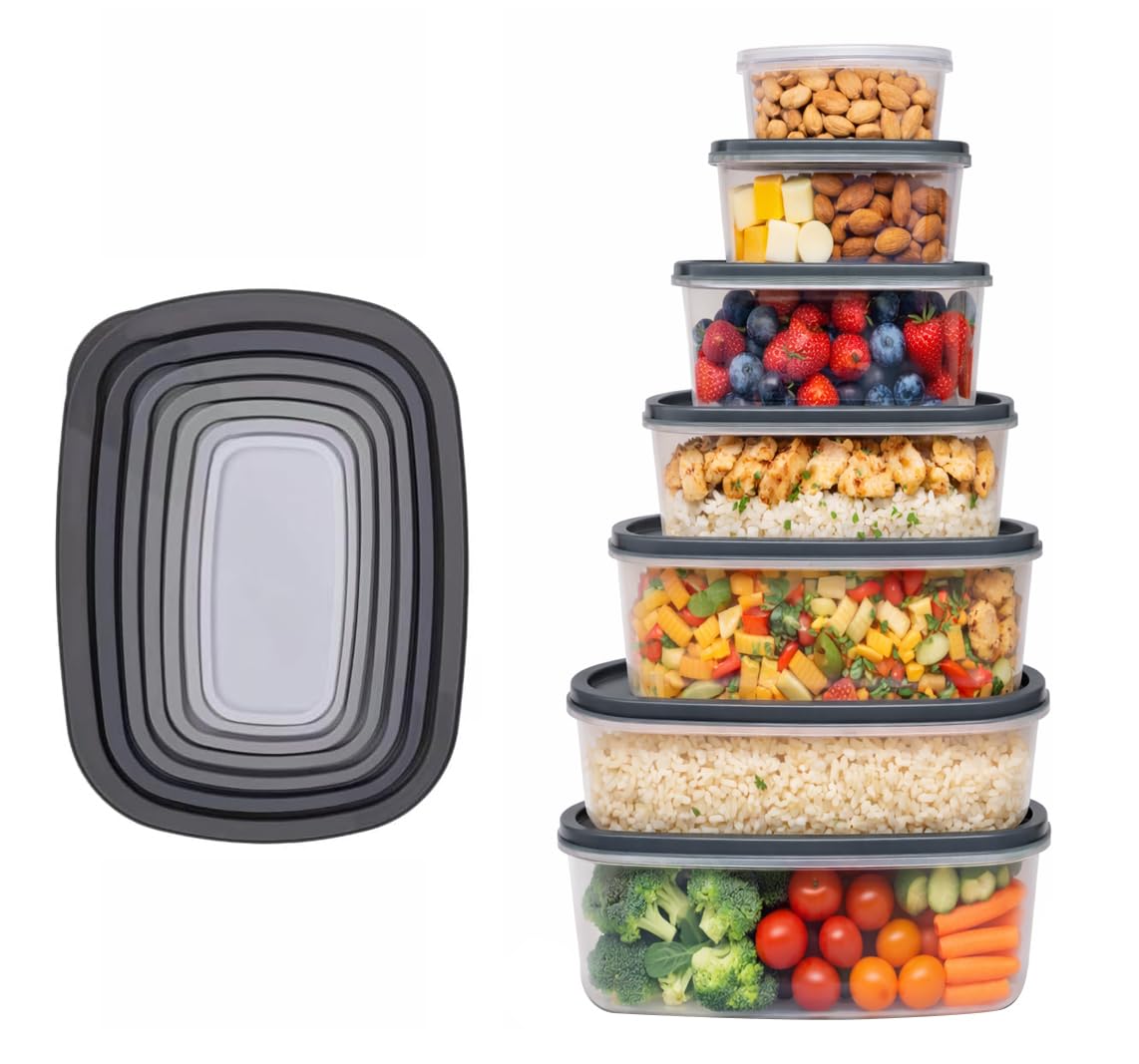 Best House | 7 in 1 Food Storage Containers Set | Rectangle | Grey | 7 in 1 | With Lids | Bowls | Space Saving Nesting Design | BPA Free | Microwave Freezer & Dishwasher Safe - Set of 7 Pcs