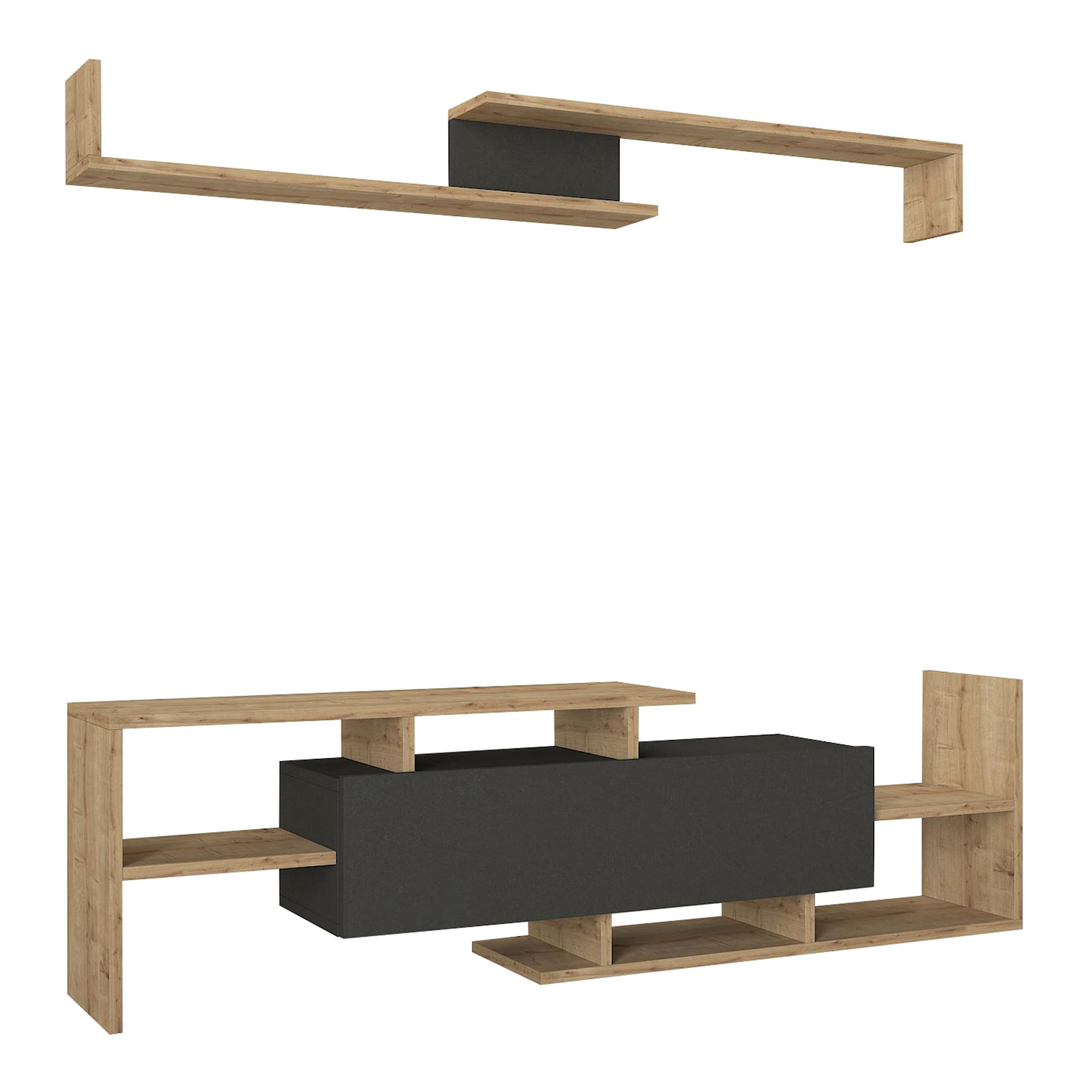 [en.casa] Juego de Muebles de Salón Liksefte Mesa para Televisor con Múltiples Compartimentos Estantes y 1 Puerta Mueble TV con Estantería de Pared Aglomerado 154x28x42cm - Efecto Roble Zafiro/Negro