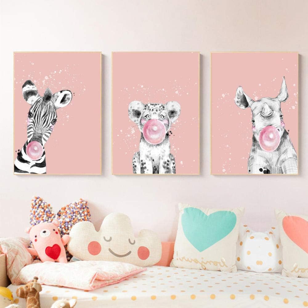 かわいいピンクの風船ガム動物ゼブラrhinocerosタイガーキャンバスアート抽象絵画プリントとポスター かわいいピンクの風船ガム動物ゼブラrhinocerosタイガーキャンバスアート抽象絵画プリントとポスター