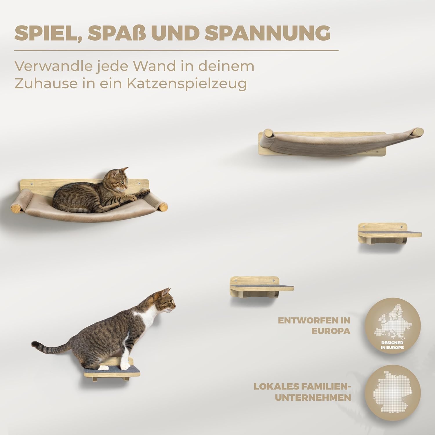 WOOWOOD® 2X Kletterwand Katzen - 3X Katzentreppe Wand- Kratzbaum Wand - Hängematte Katze - Wandkratzbaum - Katzenmöbel - Katzenwand - Katzen Kletterwand Set - Naturhell