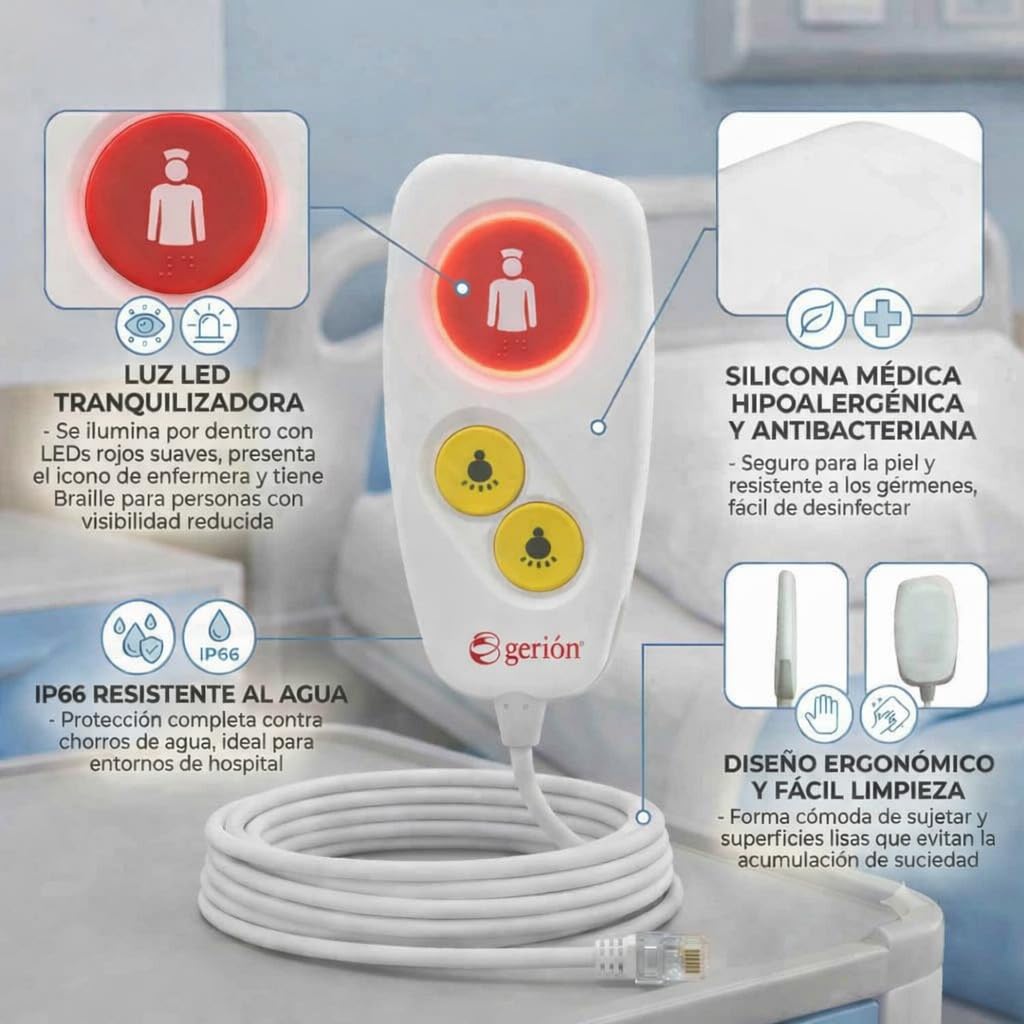 Pulsador De Cama con Control De Luces para Sistemas Gerión. Sistema De Llamadas Paciente Enfermera. Mando Cama Hospitales, Clínicas Y Residencias