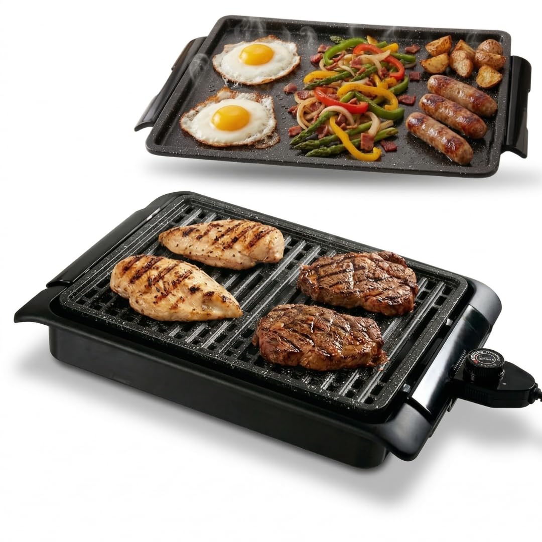 STARLYF Barbacoa eléctrica Smokefree Grill + Plancha - Barbacoa Eléctrica de 1250W, Parrilla Eléctrica Interior sin Humos ni Olores, Superficie Antiadherente y Cocción Uniforme, Color Negro