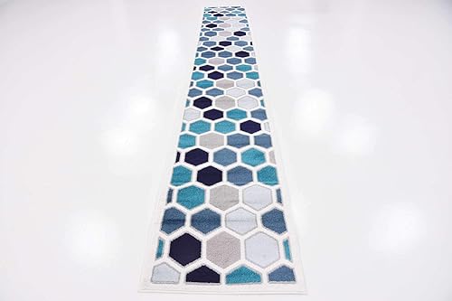 Miniatura 5 de Unique Loom Metro Collection - Alfombra hexagonal geométrica multicolor abstracta, 2 x 13 pies, marfilazul