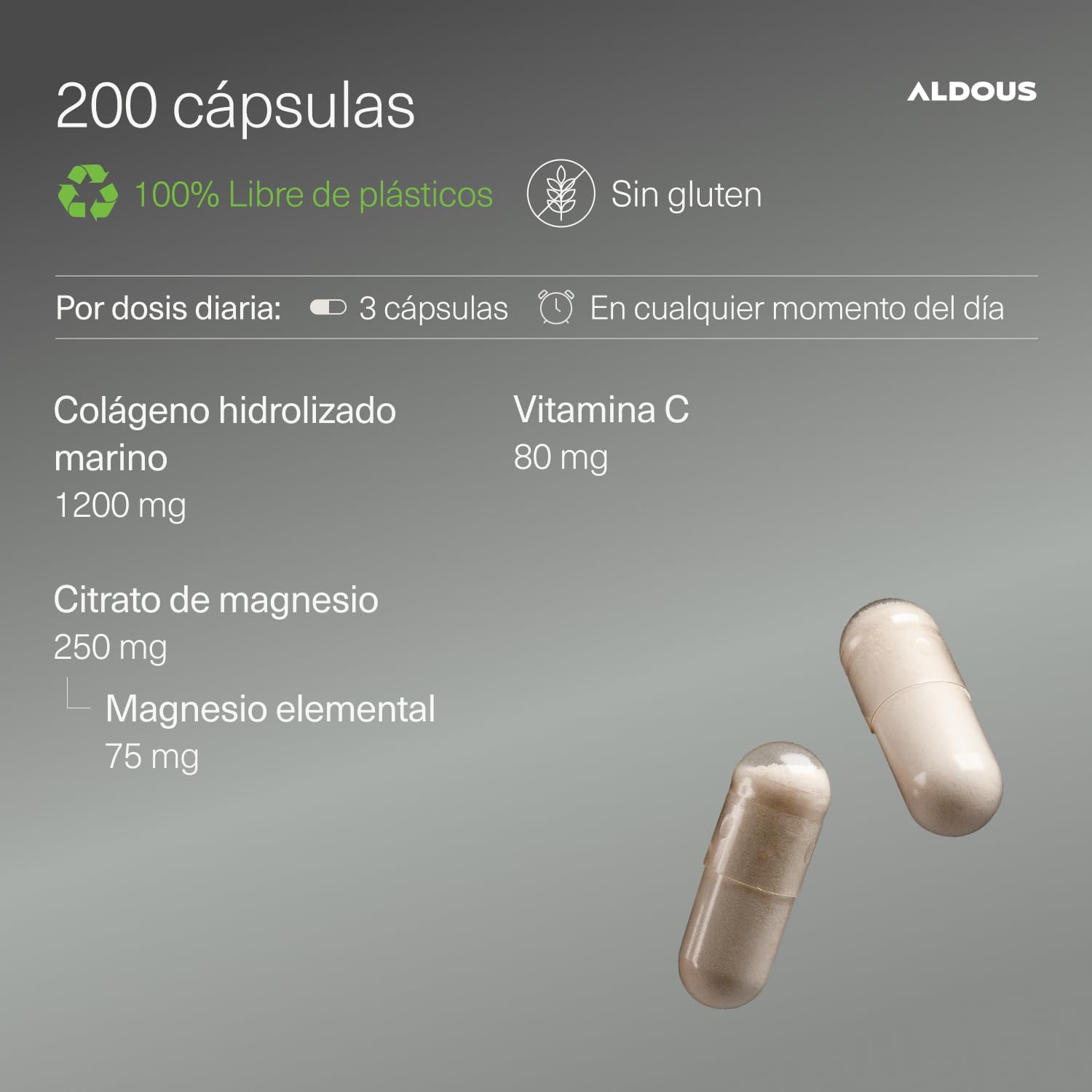 Colágeno Hidrolizado Puro con Magnesio y Vitamina C - 200 Cápsulas - Colágeno Marino Hidrolizado Naticol - Cabello, Piel y Uñas - Huesos y Articulaciones - Colageno con Magnesio - ALDOUS