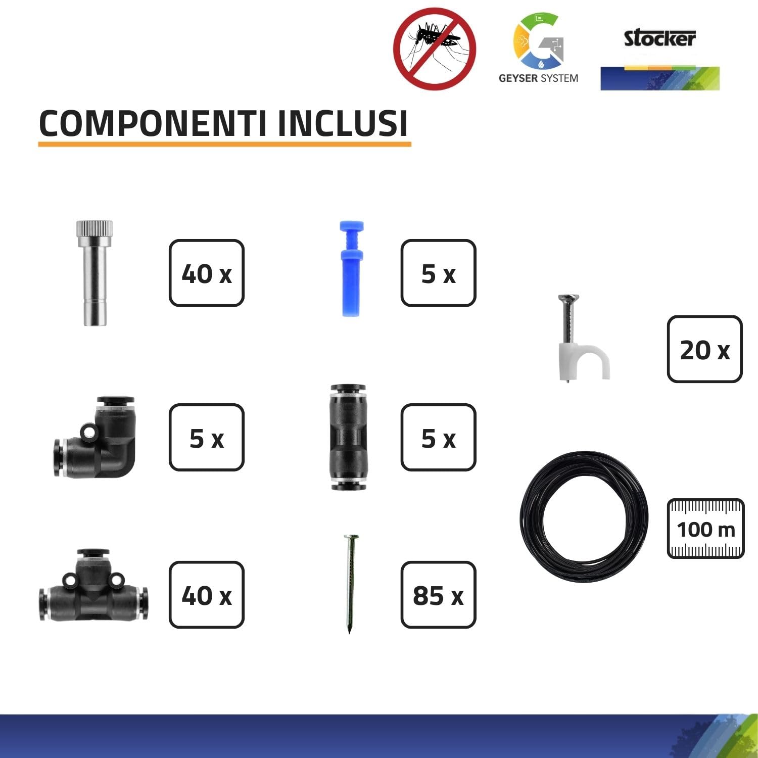 STOCKER - Geyser Nebulizzatore 25 L MI 21 V - Kit Completo Anti-Zanzare con Batteria Li-Ion 21V, Serbatoio 25L e 100 m di Tubo - Copertura fino a 400 mq - Sistema di Miscelazione Interna