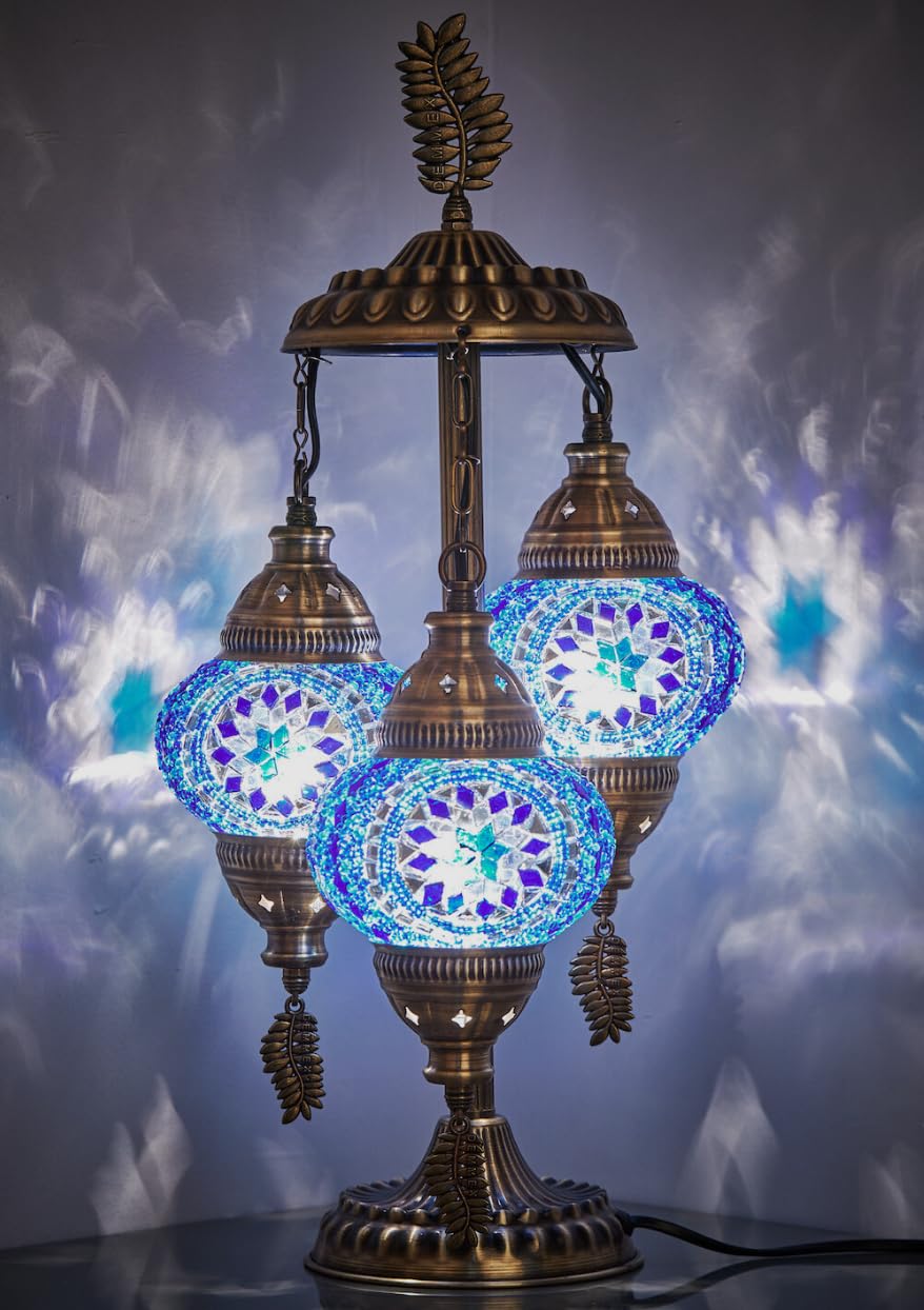 DEMMEX 3-Globe Turkish Moroccan Table Lamp, Tiffany Mosaic Glass