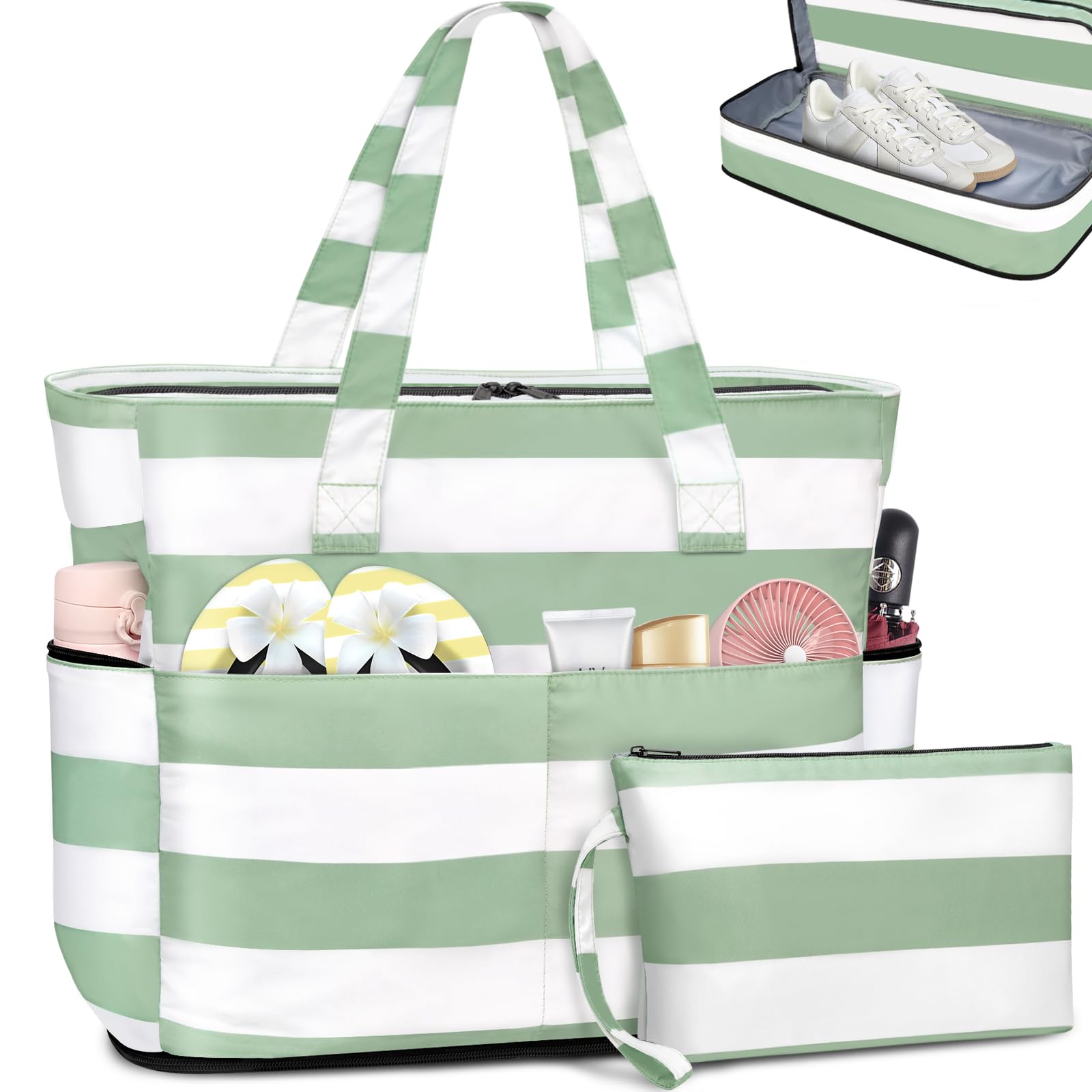 ENONEOBolsa de Playa Grande XXL con Cremallera Familiar Bolsa Playa para Mujer Sauna Bolsa de Viaje Plegable Bolsa Impermeable Natación Verano Ligero Bolso de Mano Compras Shopper Tote Bag 55L