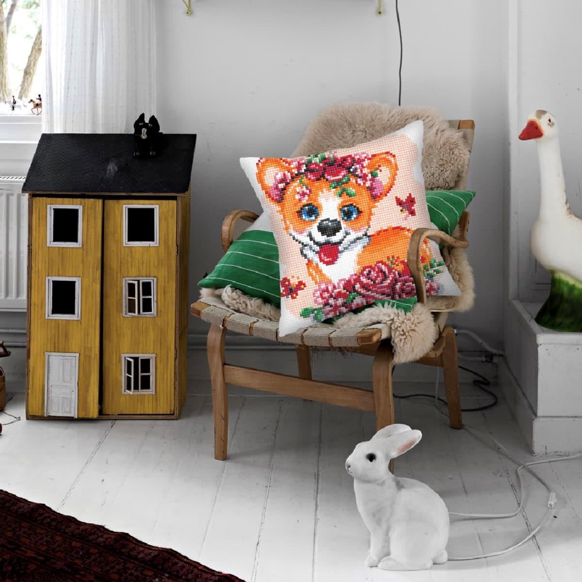 Collection D'Art CDA Stamped Cross Stitch kit Cushion Corgi Puppy, 40x40cm, DIY