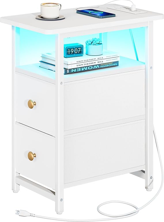 Yoobure LED Nightstand With Charging Station - Small Bedside Table With USB Ports, Outlets & Fabric Drawers