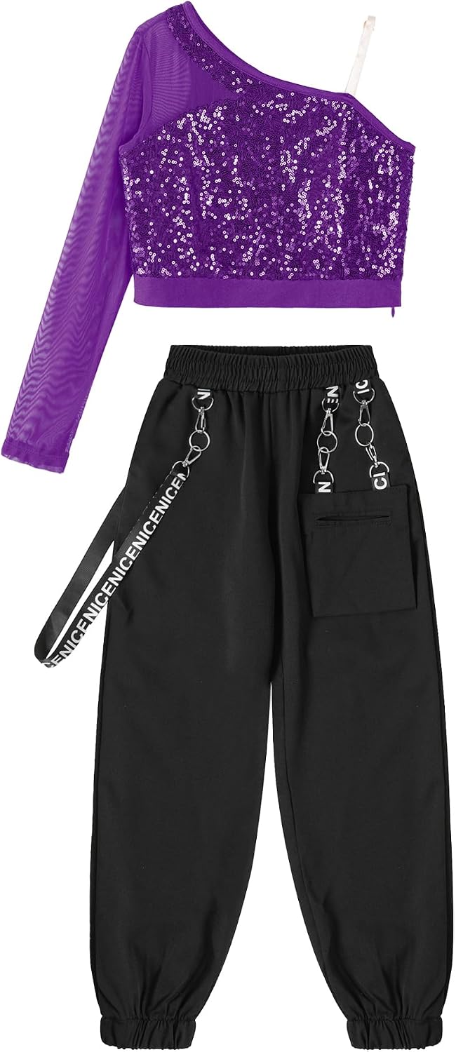 Hularka Kids Girls Jazz Street Hip Hop Dance Costume Mesh Long Sleeve One Shoulder Crop Top with Jogger Cargo Trousers