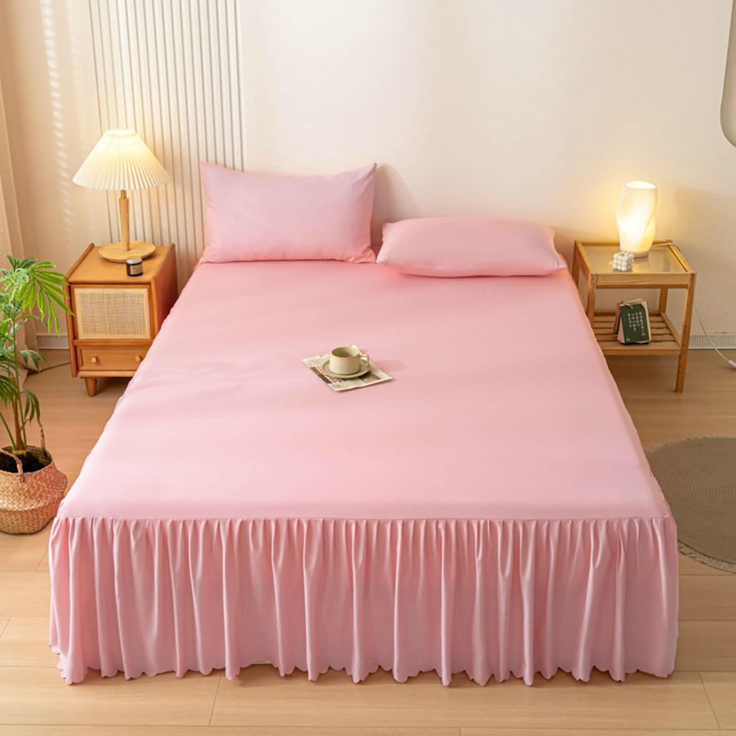 Daesar Bed Sheet King XL Size 79"x 87", Fitted Sheet with Bed Skirt Chemical Fiber Solid Color Soft Bedspread Bed Cover with 2 Pillow Cases, Light Pink