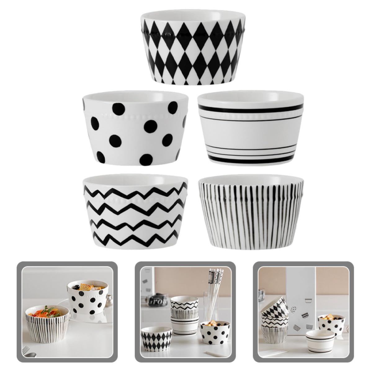 Set di 5 Ciotole da Riso in Ceramica 330ml per Casa | Fondo Antiscivolo, Resistenza alla Rottura, Stile Bianco e Nero, Confezione in Scatola