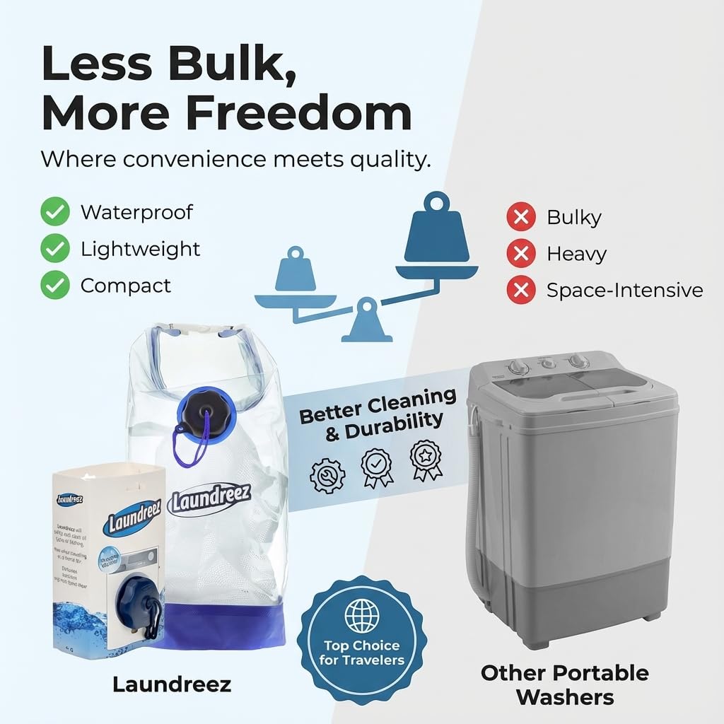 Laundreez Reise-Kleidung, tragbare Waschmaschine, waschen Sie Ihre Kleidung unterwegs, wasserdicht, Trockentasche, Camping, Urlaub, Reisen