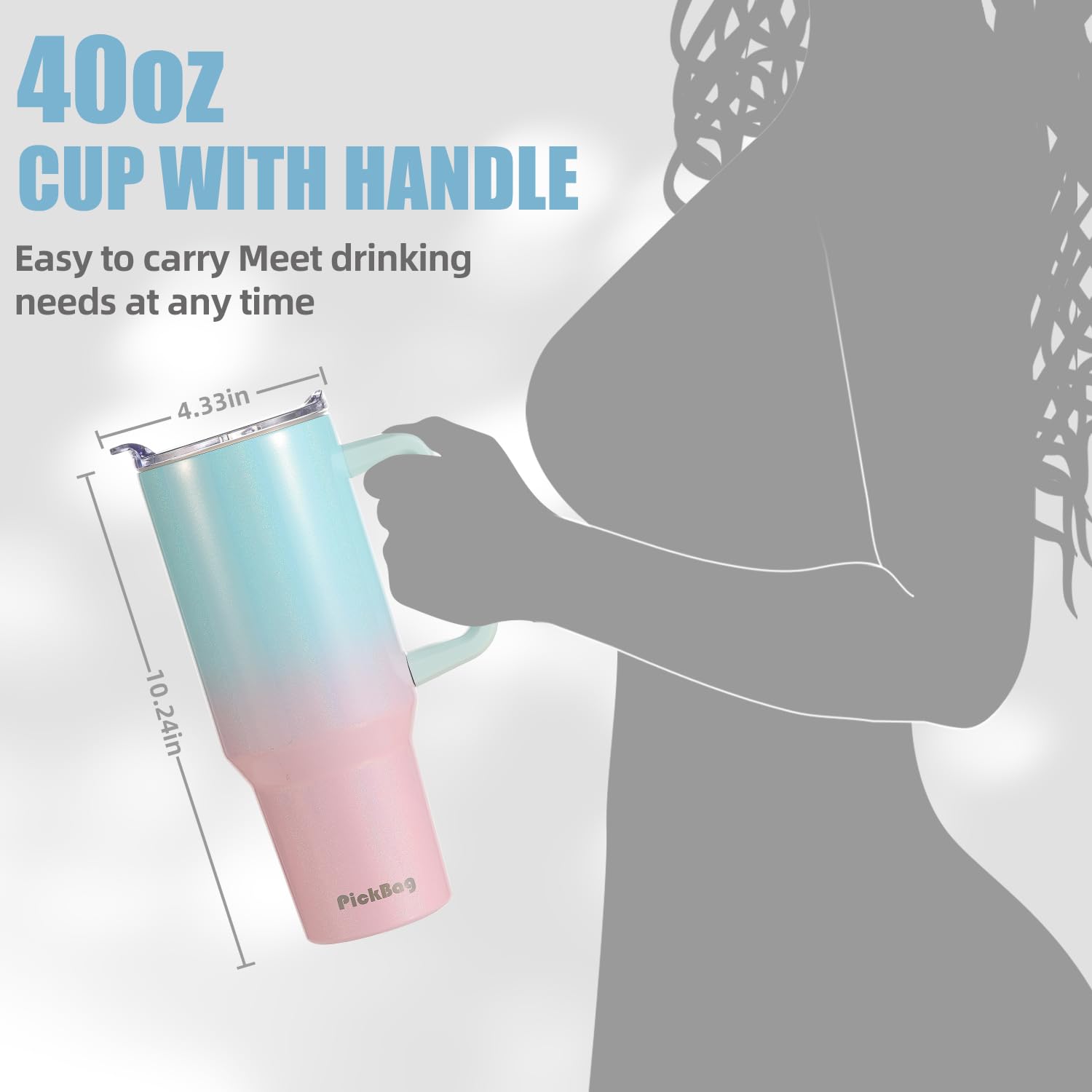 THILY Bicchiere termico da 1180 ml con manico, tazza da viaggio in acciaio inox con coperchio e cannucce, mantiene le bevande fredde per 34 ore o