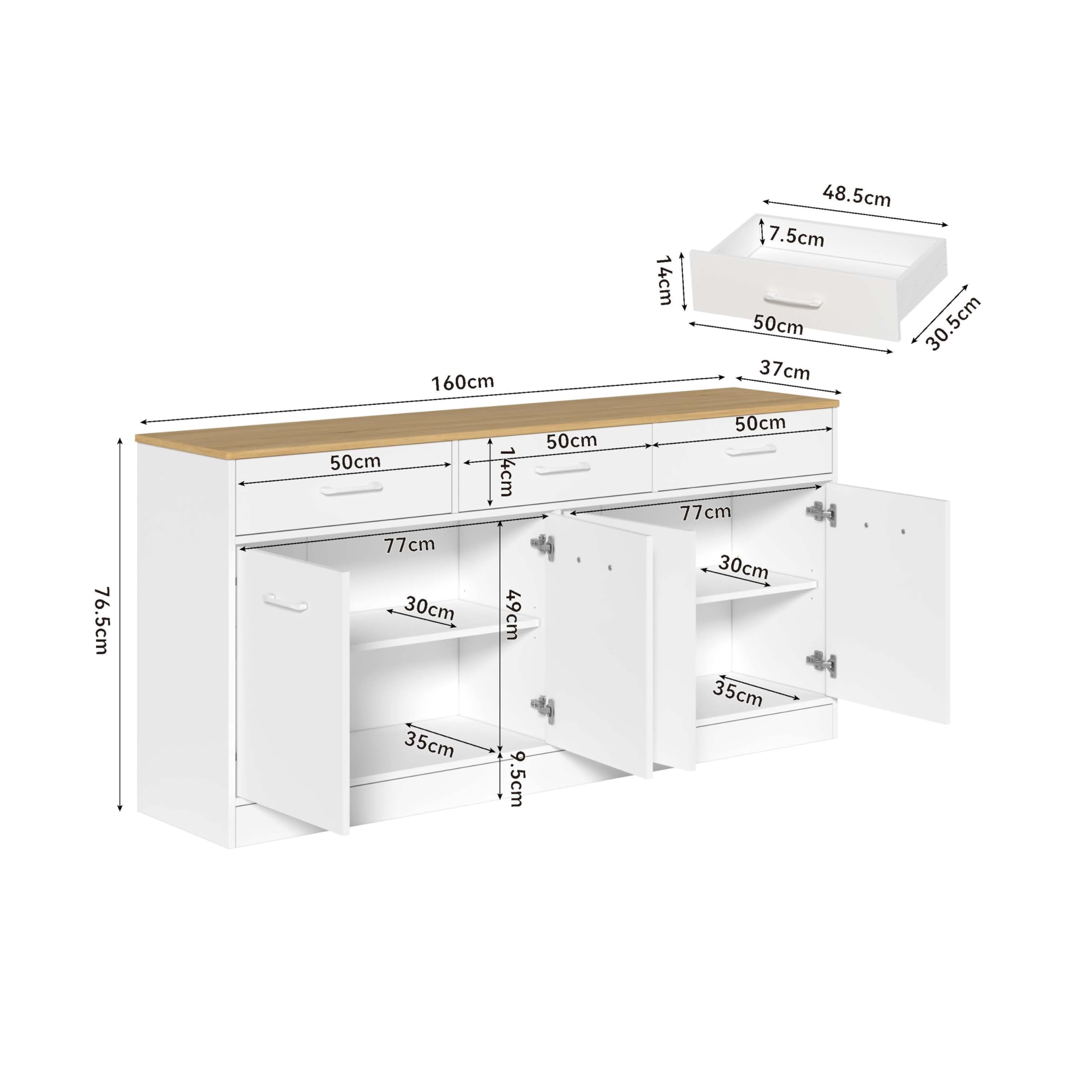 Küchenschrank Sideboard 160 cm mit 3 Schubladen und verstellbaren Einlegeböden, Kücheninsel mit Arbeitsplatte in Holzoptik, Vorratsschrank für Küche, Esszimmer und Wohnzimmer, Weiß