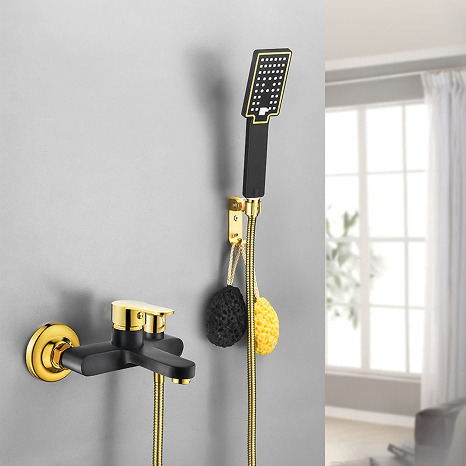 OZBMA Bathtub Shower Set Black Golden, Wall Mounted Faucet with Hand Shower, Bathroom Cold and Hot Bath Mixer Taps,A (A A)