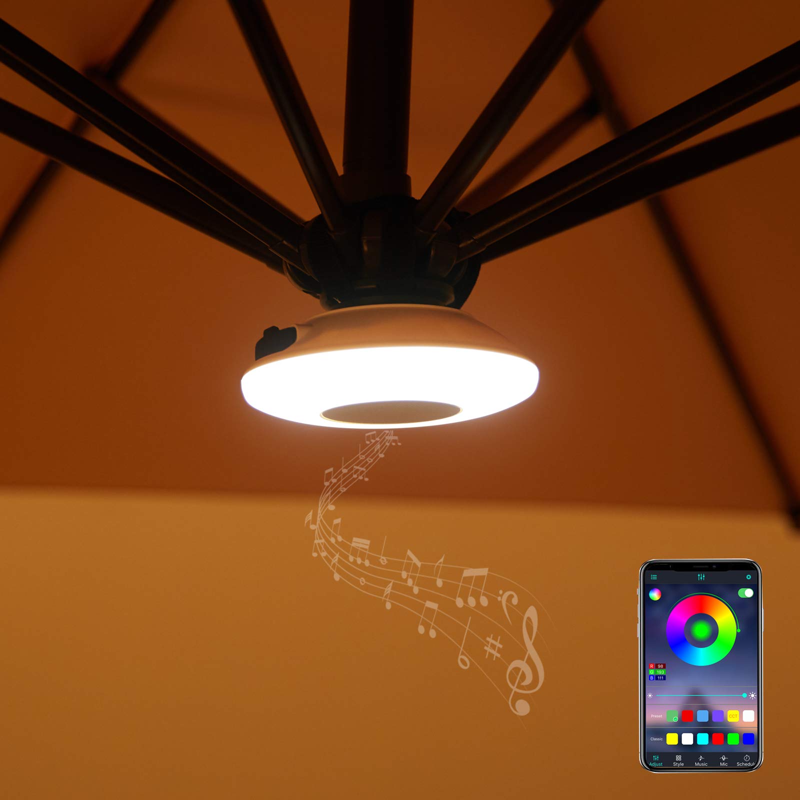 Bluu Patio Umbrella Lights with Wireless Speaker APP Control RGB LED Lights Outdoor for Camping Tents, Yard, or Indoor Use