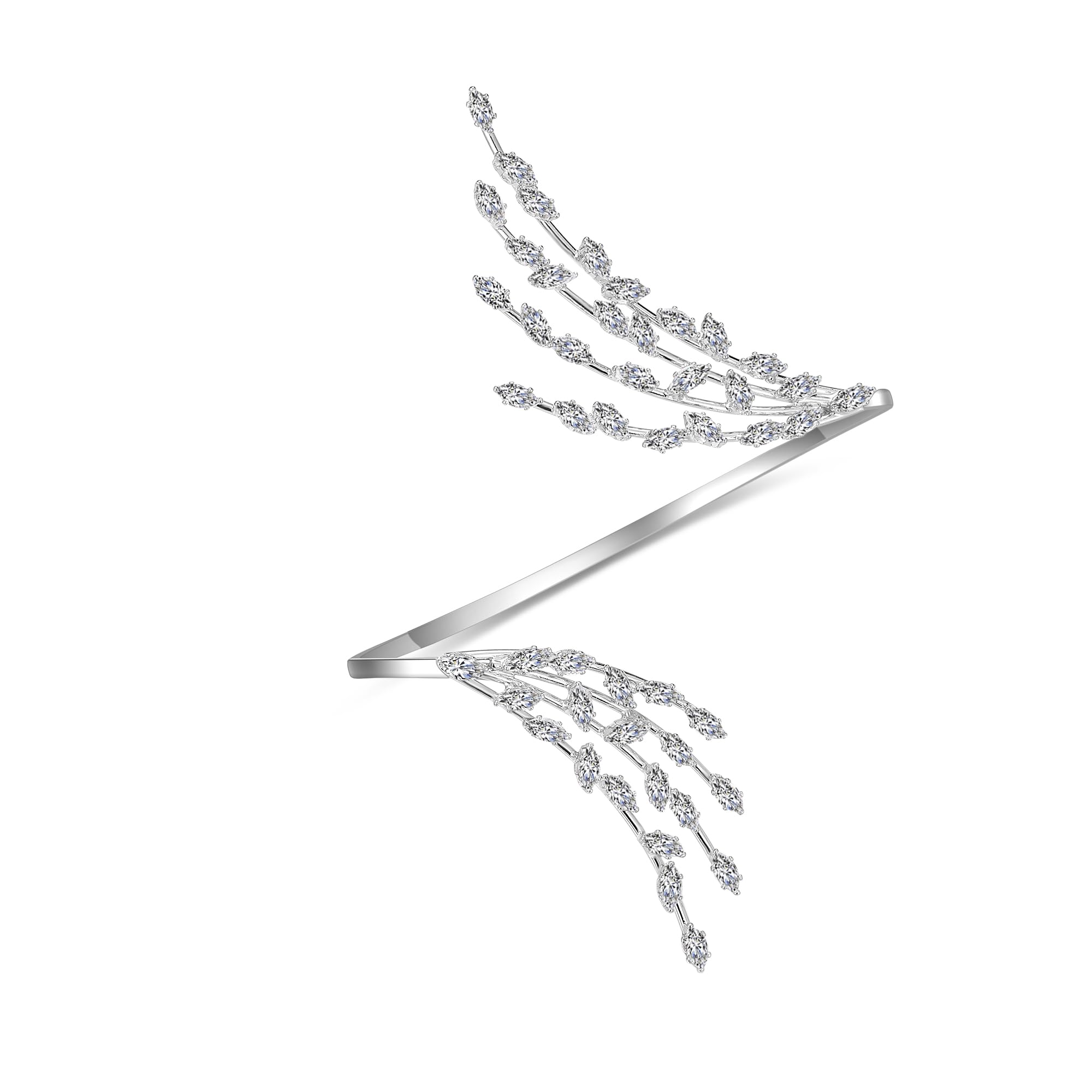 Aprilery Silver Statement Palm Ring, Fashion Plated CZ Cubic Zirconia Crystal Cocktail Rings Leaf Shape Full Fingers Adjustable Size Bracelet Jewelry