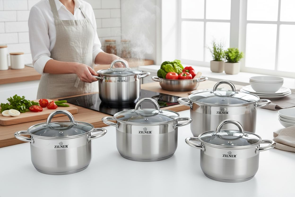 Topfset 12-teilig, Edelstahl mit Glasdeckeln, alle Herdarten, Silber | Edelstahl Kochtopf Set, Töpfe mit Glasdeckel für Induktion, Gas, Ceranfeld, Kochset 12-teilig, Silber