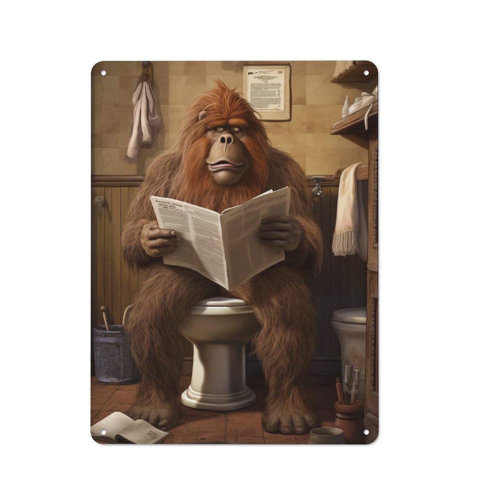 Junmoney Bigfoot Toilet Newspaper Printed Metal Sign 40X30cm For Hobby Room Or Studio, Gift Idea At Christmas For Creative Interior Collectors