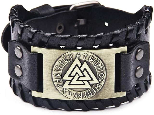 Black Wide Leather Bracelet Men's Bracelet Braided Genuine Leather Bangle Wristbands Viking Totem Odin Pattern Vintage Cuff