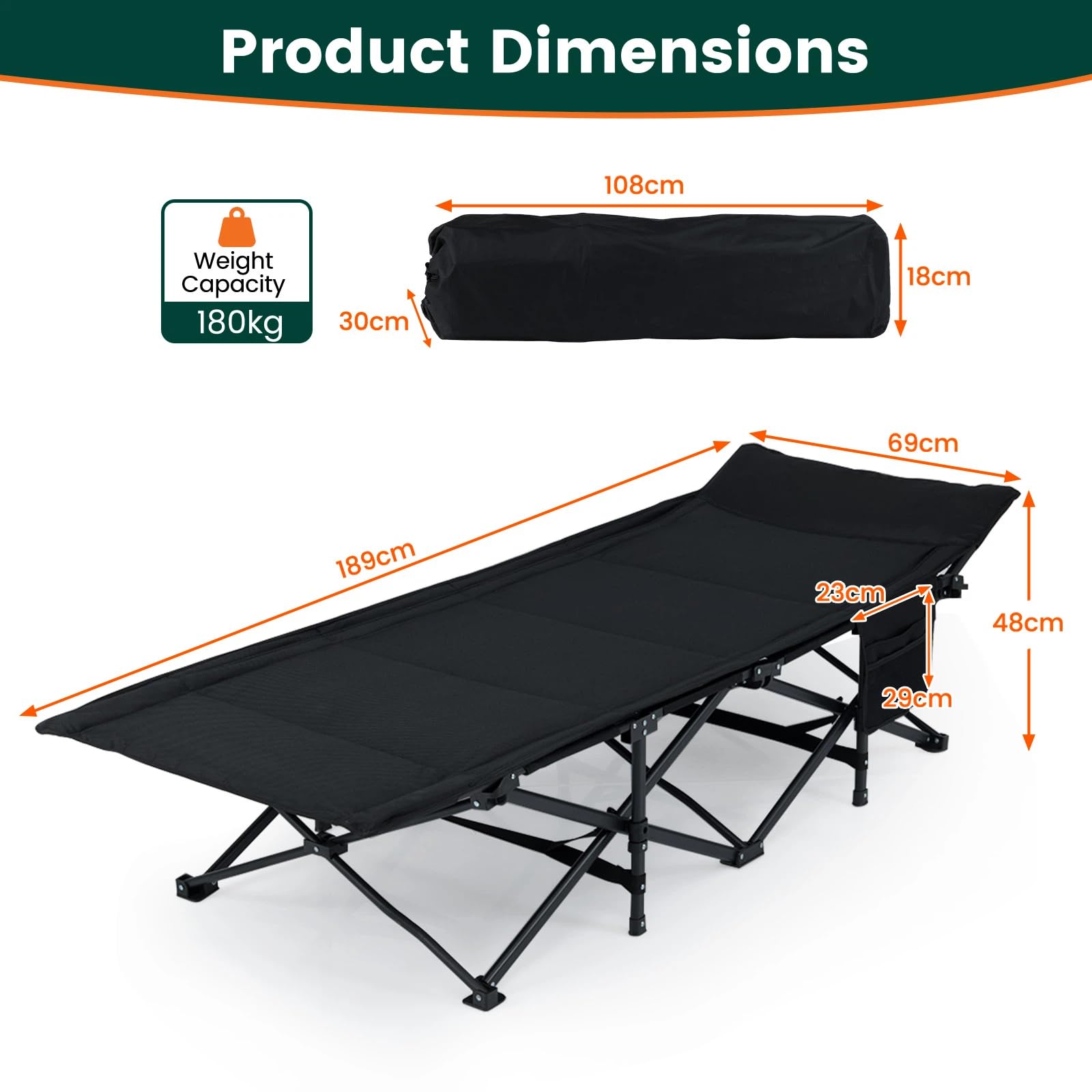 KOMFOTTEU Letto da campeggio con borsa portaoggetti, letto da campo pieghevole con borsa laterale, letto esterno per 1 persona poggiatesta inclinato, carico di 180 kg, per viaggio, campeggio, 189 x 69