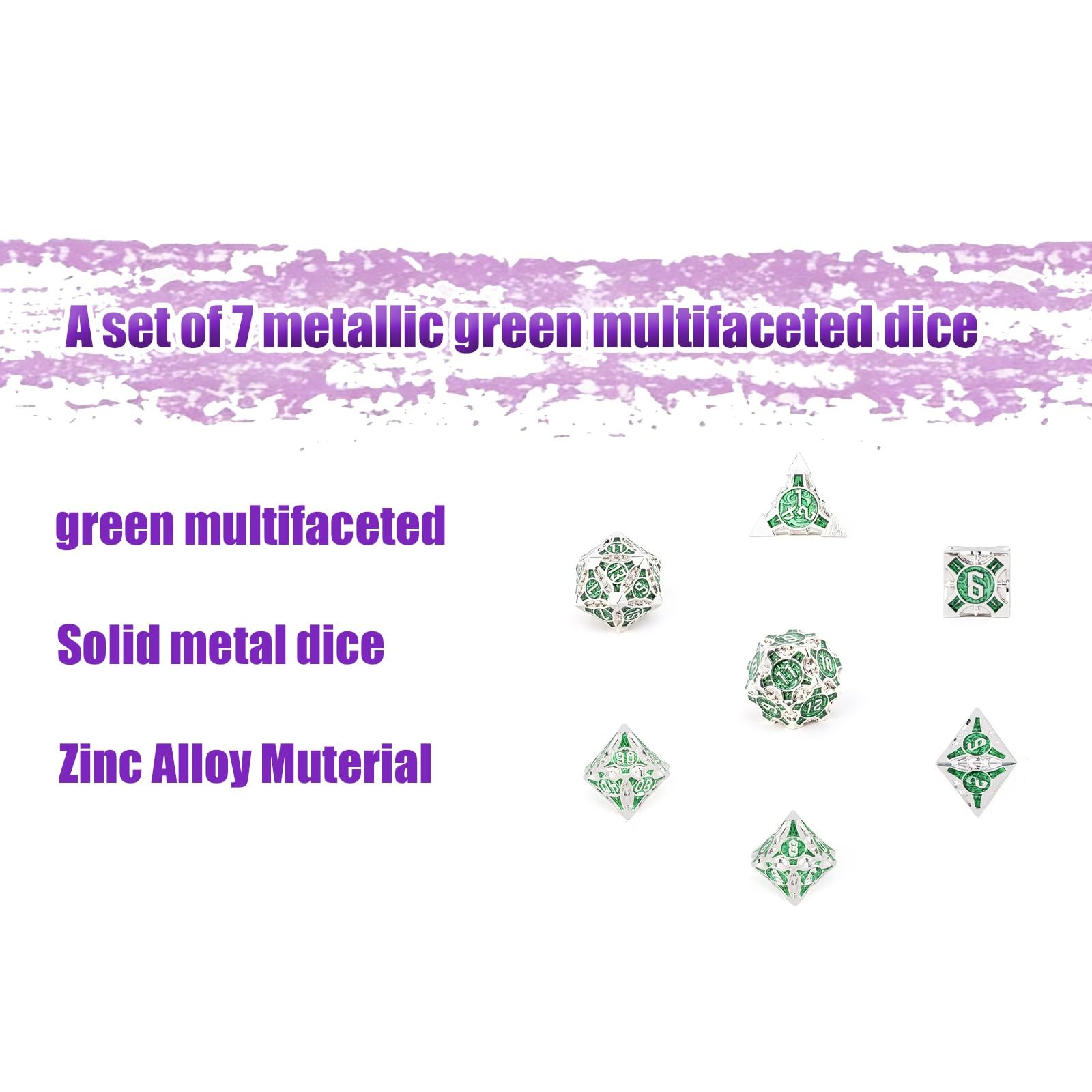Un Ensemble de 7 Dés Métalliques Verts à Multiples Facettes, Compatibles avec Les Jeux de Rôle, Les Jeux de Société et Les Jeux de Cartes