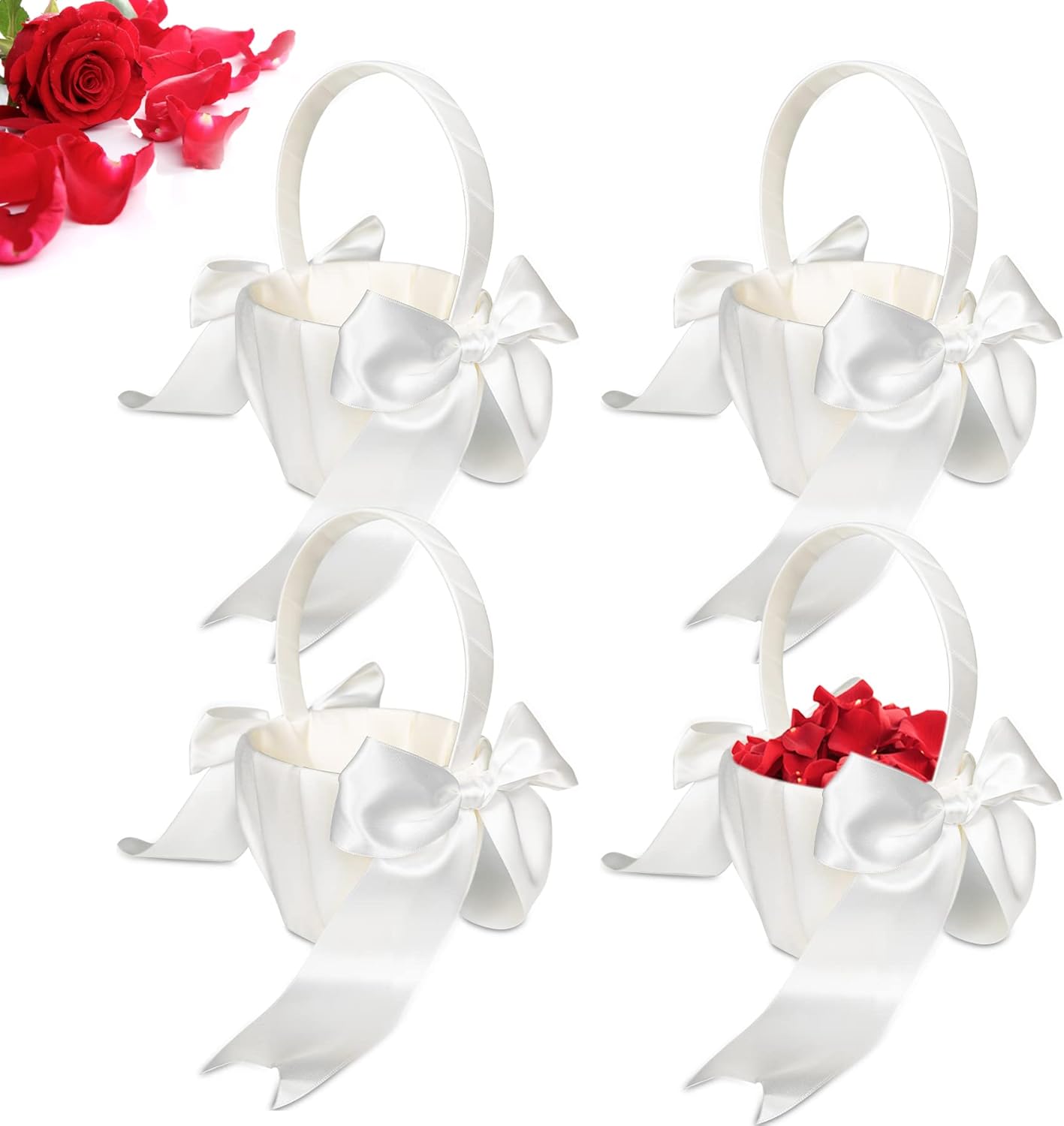 White Flower Girl Baskets for Weddings, Ivory Flower Girl Basket, Wedding Banquet Party Supplies, 8 x 5 x 3.5 Inches (4 Pcs)