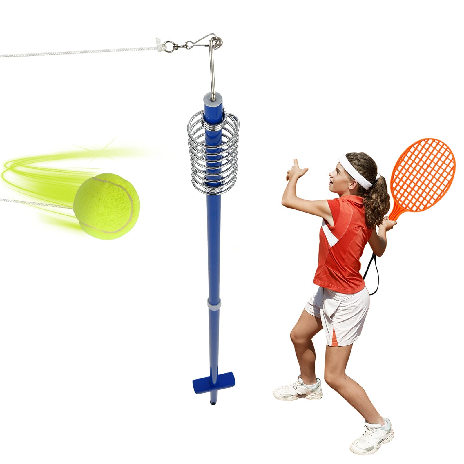 GYMAX Set da Tennis con Asta e Pallina da Allenamento, con 1 Pallina e 2 Racchette, Struttura in Ferro, 3 Altezze Regolabili, Migliorare capacità Sportiva, Blu