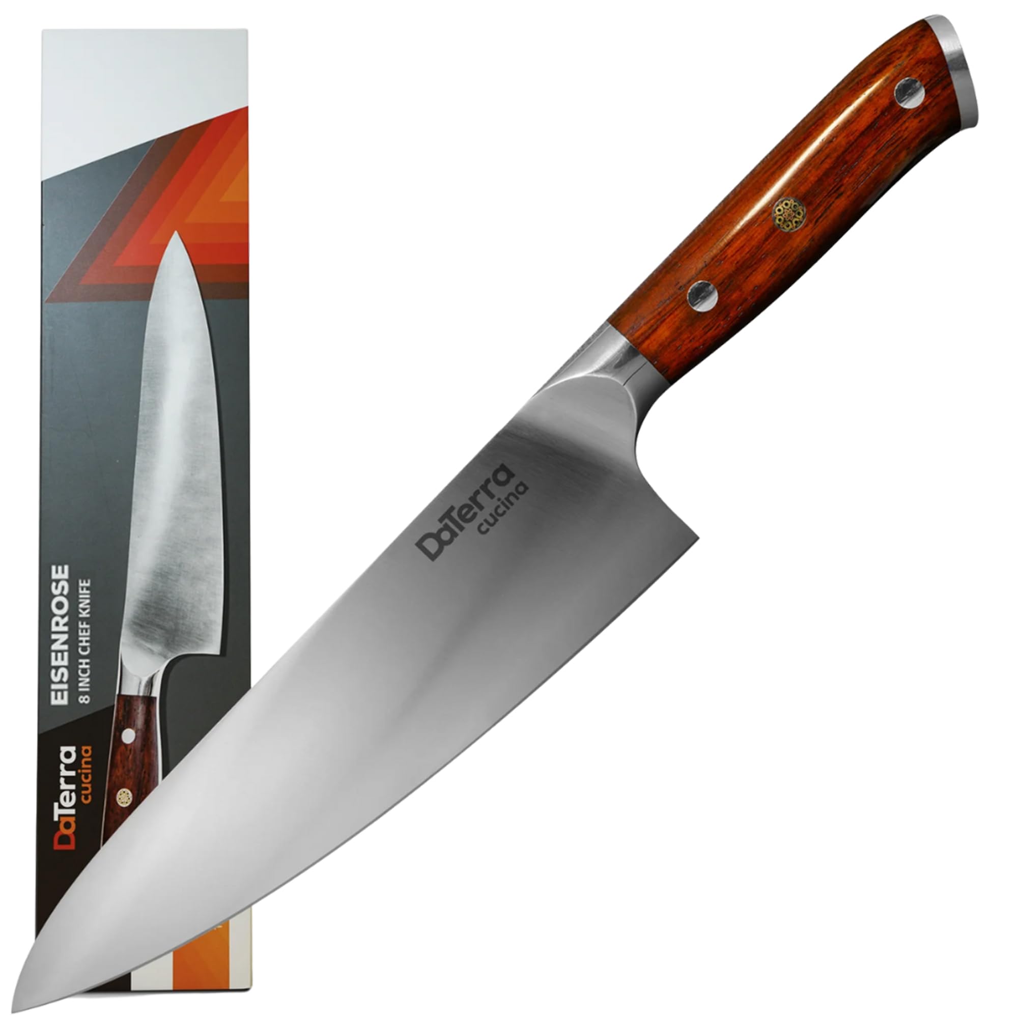 DaTerra Cucina - 8 Inch Chef Knife German Steel Professional Kitchen Knife with Ergonomic Rosewood Handle Sharp Durable