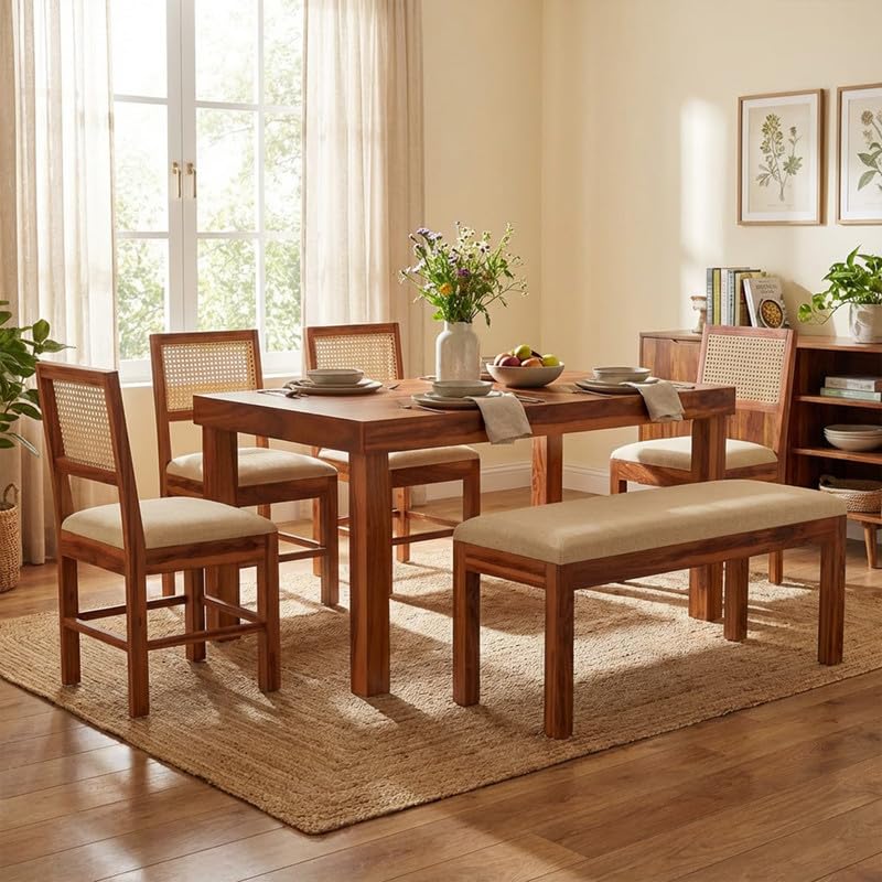 Image of Furniture Solid Sheesham Wood 6 Seater Dining Table Set with 4 Cushioned Chairs and Bench | Wooden Six Seater Dinner Table Set for Living Room, Kitchen, Dining Area and Home (Honey Finish)