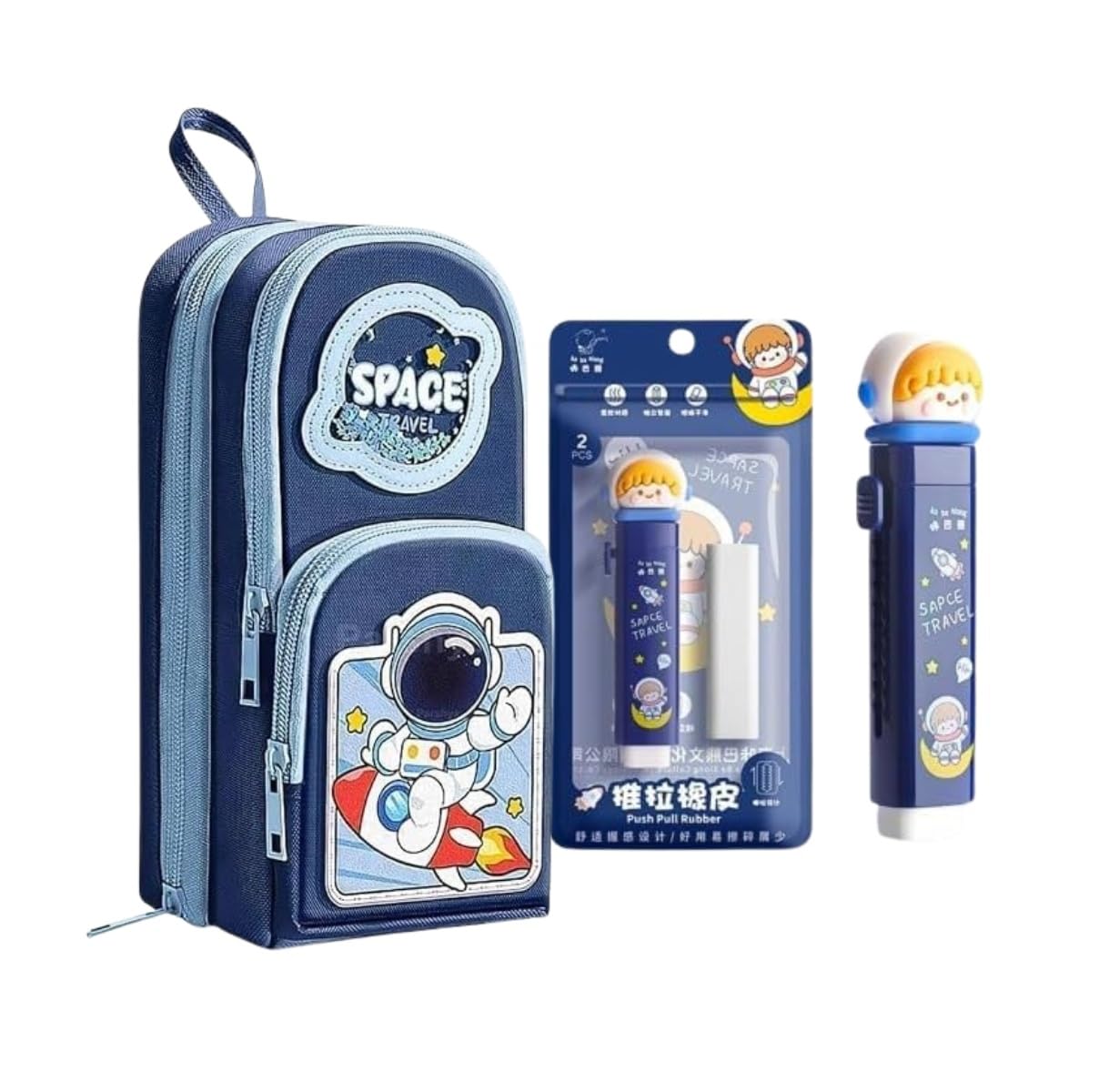 Alokik Cute Cartoon Pencil Pouch with Eraser, Multi-Compartment Zipper Durable Fabric Pencil Case Organizer Bag for School Boys Girls (Space Travel Pencil Pouch Combo)-image-28