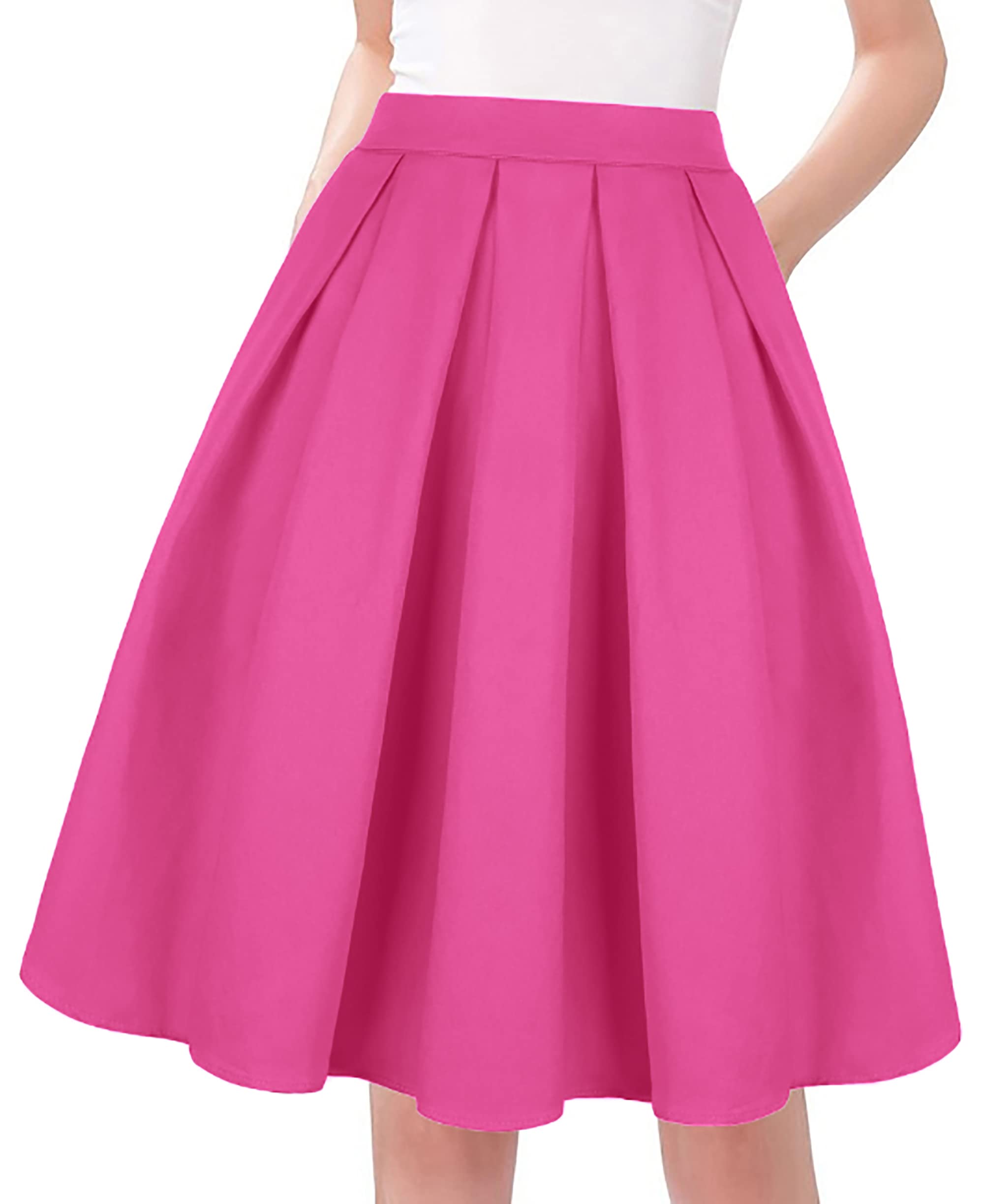 Tandisk Women's Vintage A-line Printed Pleated Flared Midi Skirt with Pockets