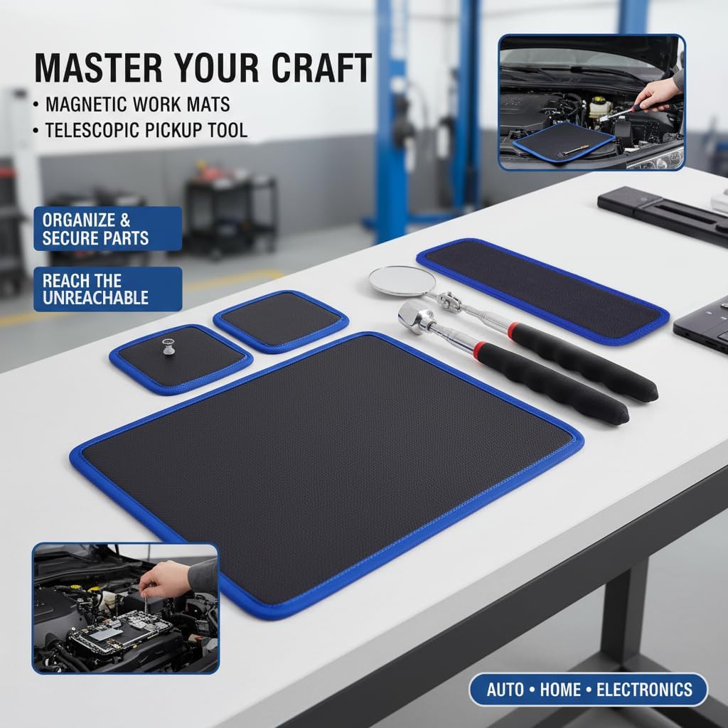6 Pack Magnetic Tool Mat, Magnetic Mat with PVC Layer, Magnetic Tool Holder, Non-Slip Parts Organizer includes Mat, Pads, Pick-up Tool, Mirror for Garage Workshop Auto Repair