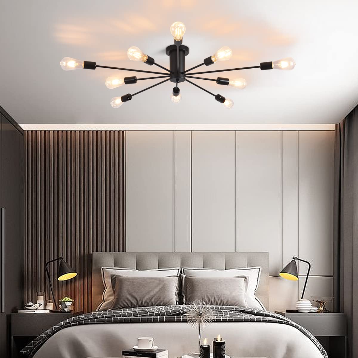 Half Flush Żyrandol Lampa sufitowa, 10 Light E27 Nowoczesna czarna lampa sufitowa Przemysłowe oświetlenie sufitowe Lampa wisząca do kuchni Jadalnia Salon Sypialnia