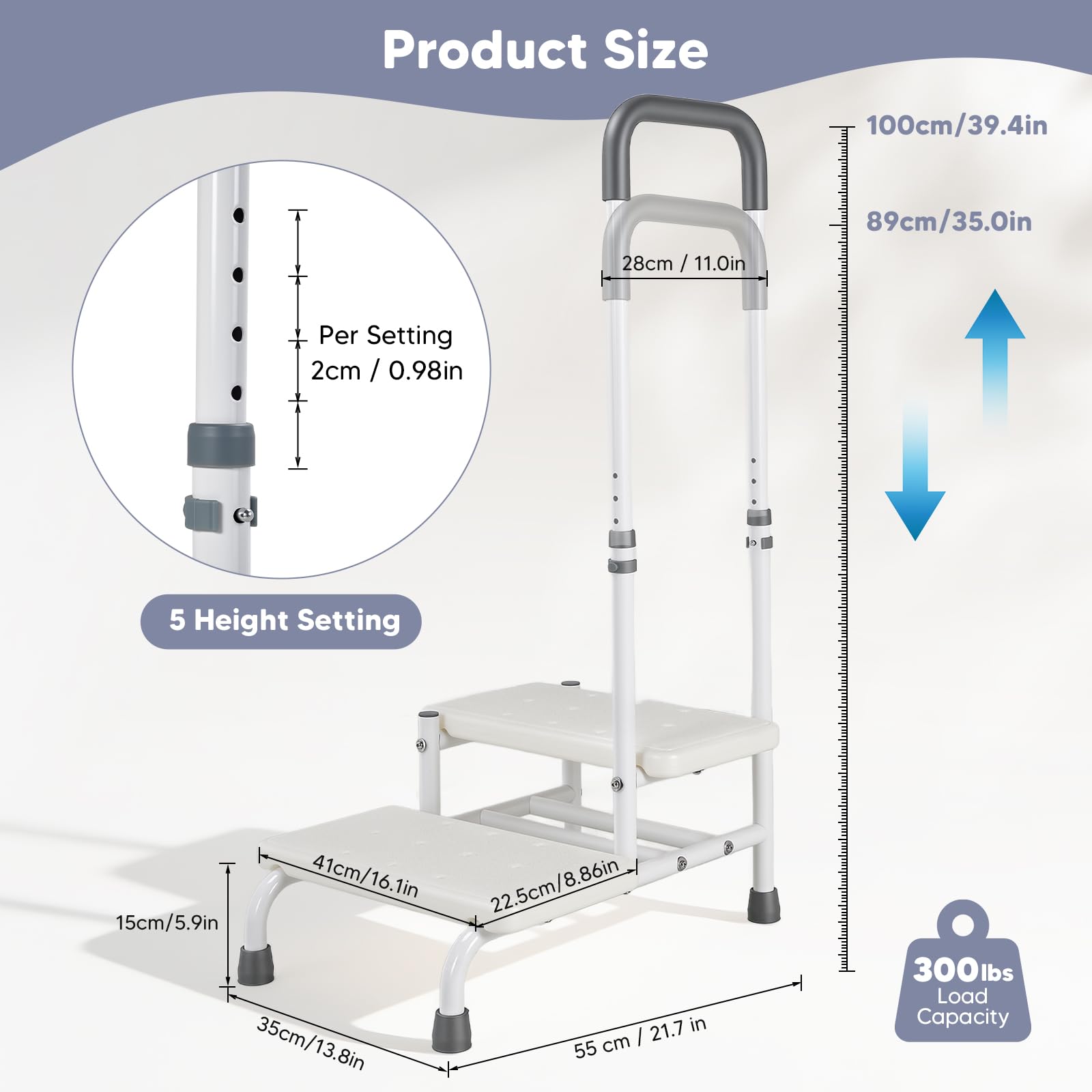 Scaletta da bagno con maniglione di supporto per anziani | Altezza regolabile in 5 posizioni (89-100 cm) | Sgabello a 2 gradini, portata massima 135 kg | Antiscivolo, ideale per vasca da bagno cucina