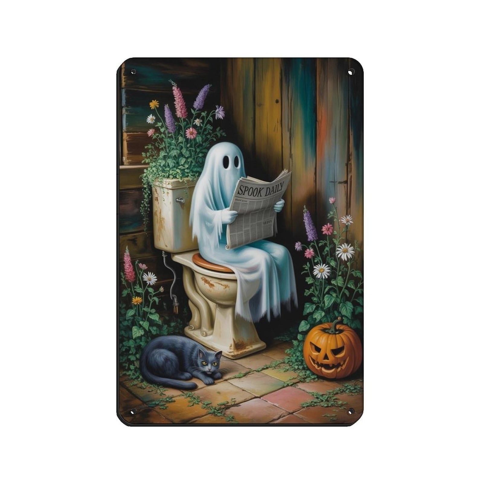 Ghost Reading A Newspaper on Toilet Poster (2) Tin Sign Vintage Metal Pub Club Cafe Bar Home Wall Art Decoration Poster Retro 8x12inch(20x30cm)