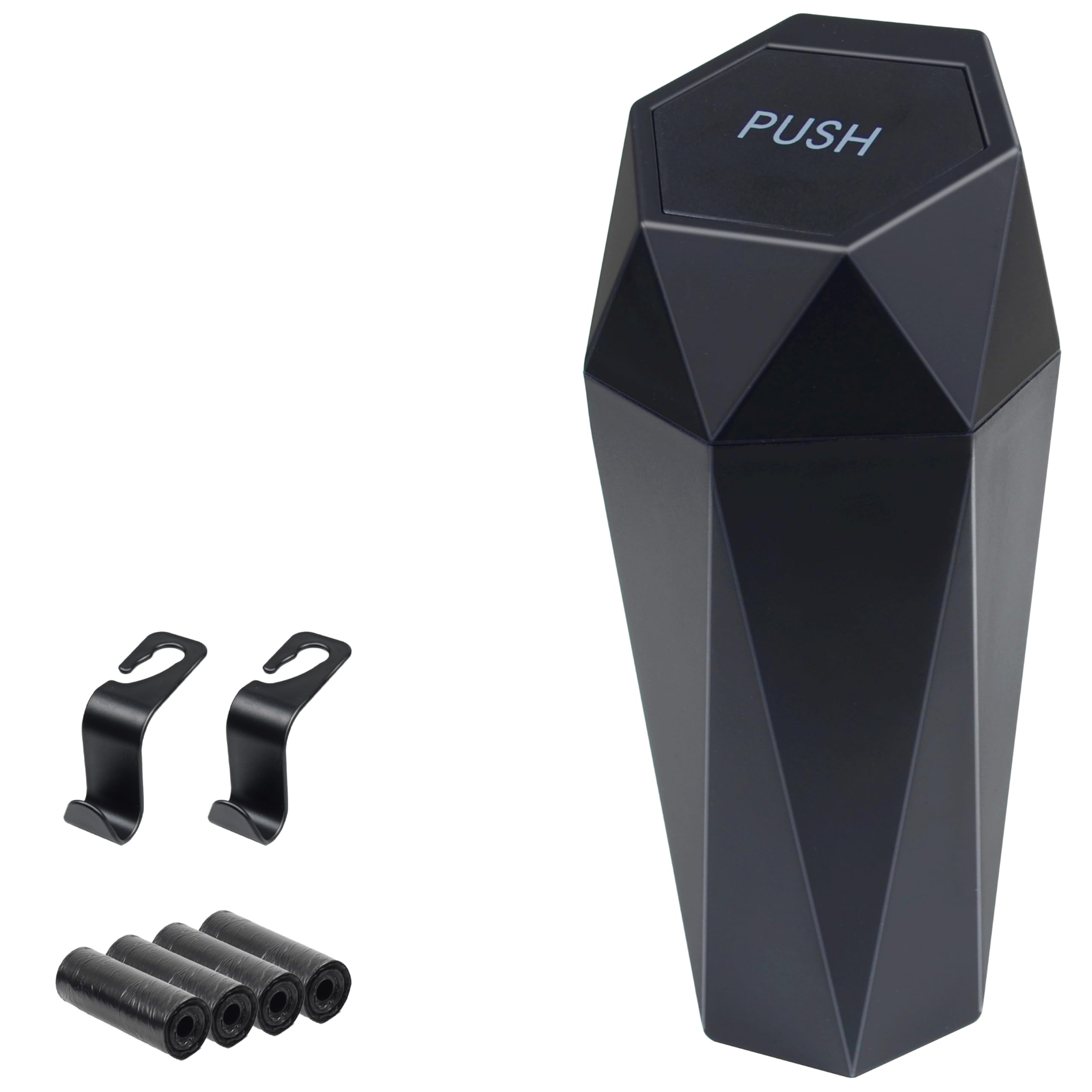 BFXM - Papelera para coche con tapa, accesorio para mujer, con 2 ganchos ABS adicionales y 60 bolsas, ideal para el hogar, la oficina y el coche, color negro