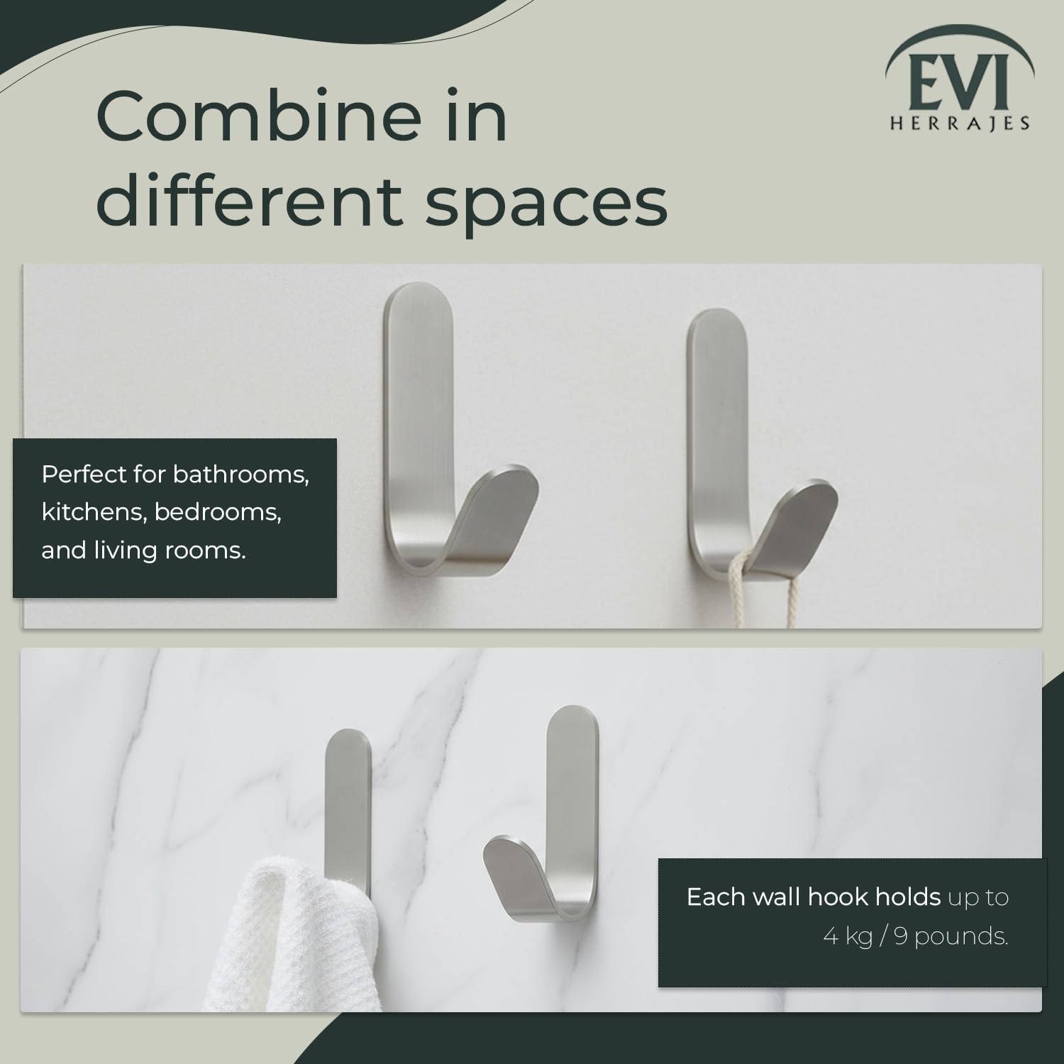 EVI Herrajes | Gancho toallero | Gancho de pared de acero inoxidable | Montaje adhesivo | para colgar ropa, toallas o accesorios | Mod. 371ADAM