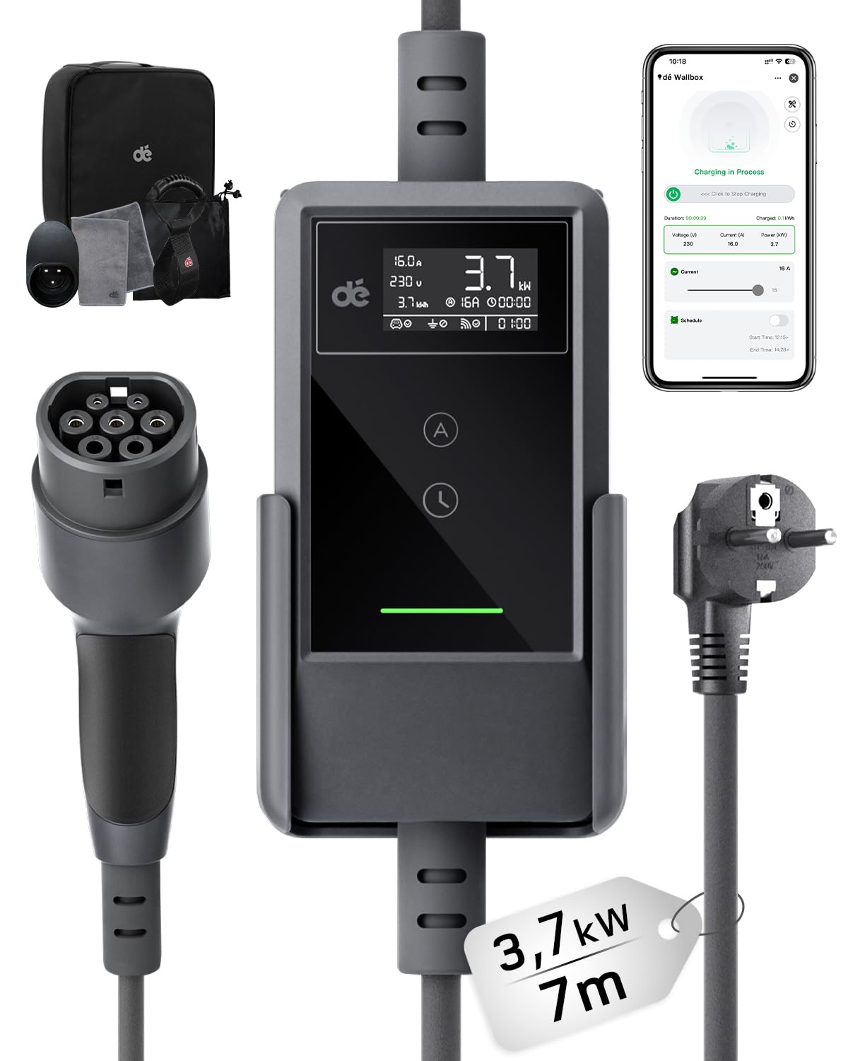 dé Typ 2 Ladekabel Schuko mit APP 3,7kW [7m, 6-16A, 1-phasig] Ladekabel Typ 2 Schuko mit Fernsteuerbarer Leistung - EV Charger 3,7kW für e Auto ID.3/4/5/7, Model Y/3, ENYAQ und Anderen PHEV/EV