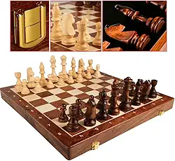 Jogo de Xadrez de Madeira Luxo Profissional 40cmx40cm – Tabuleiro 100% Madeira Dobrável e com Peças em Madeira e Verniz [VALUANCE]