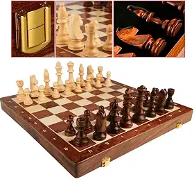 Jogo de Xadrez de Madeira Luxo Profissional 40cmx40cm – Tabuleiro 100% Madeira Dobrável e com Peças em Madeira e Verniz [VALUANCE]
