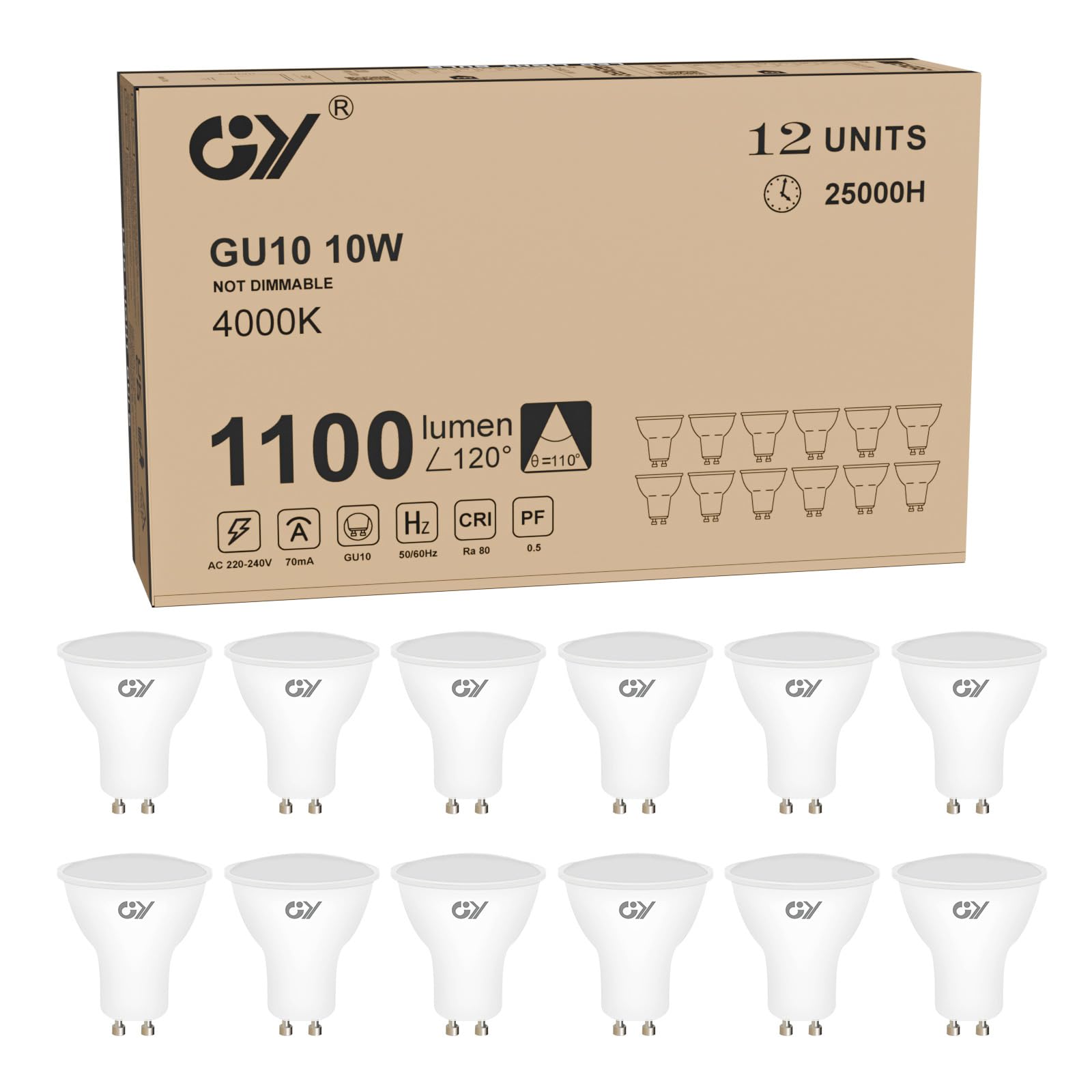 GY GU10 LED Neutralweiss Lampe,10W 4000K 1100lm Neutralweiß Glühbirnen,Äquivalent 100W, Abstrahlwinkel 120° Reflektor Lampen Nicht Dimmbar LED Birnen, 12 stück
