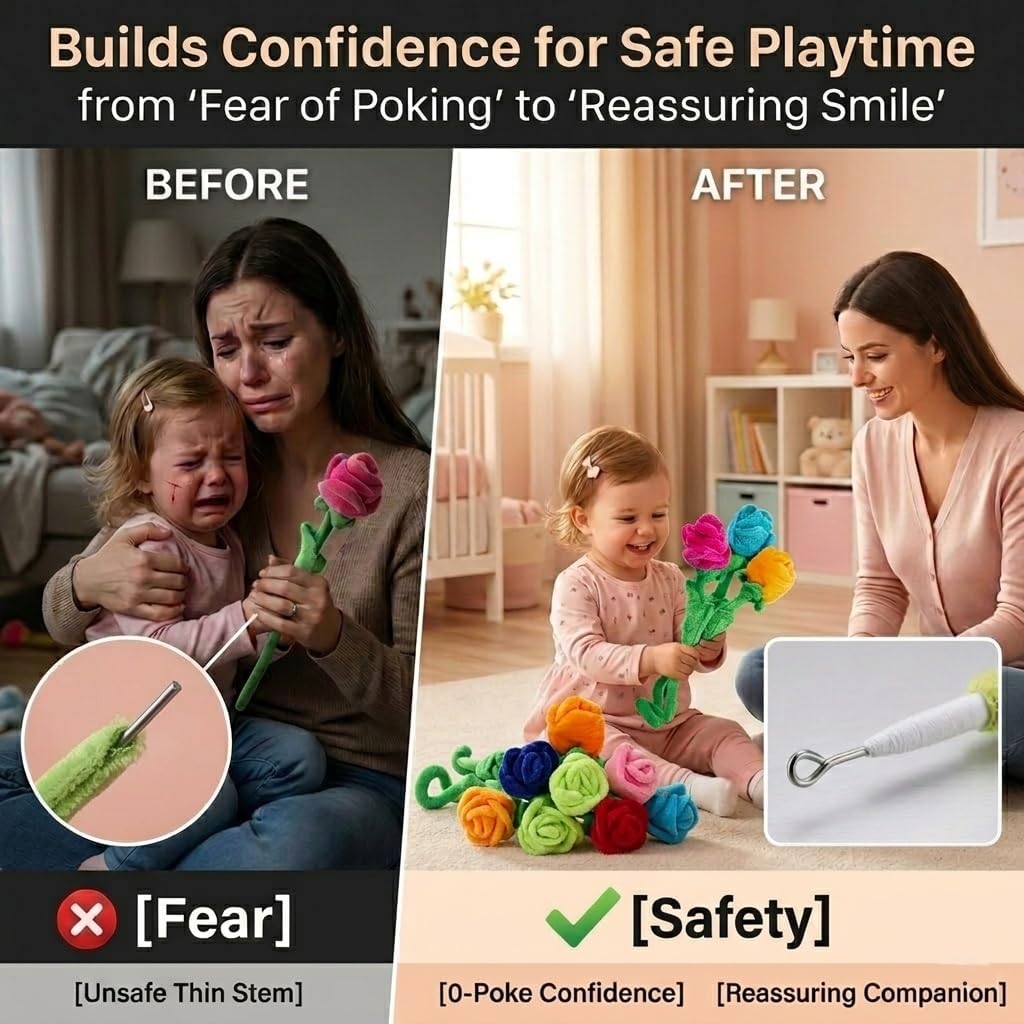 Tplay Rose Flower Plush for Toddlers: Bendable 0-Poke Encased Stems - Safe Worry-Free Play Toy - 15lbs Tear-Resistant Stuffed Bouquet Girl Gift 2-5 Yrs 11"