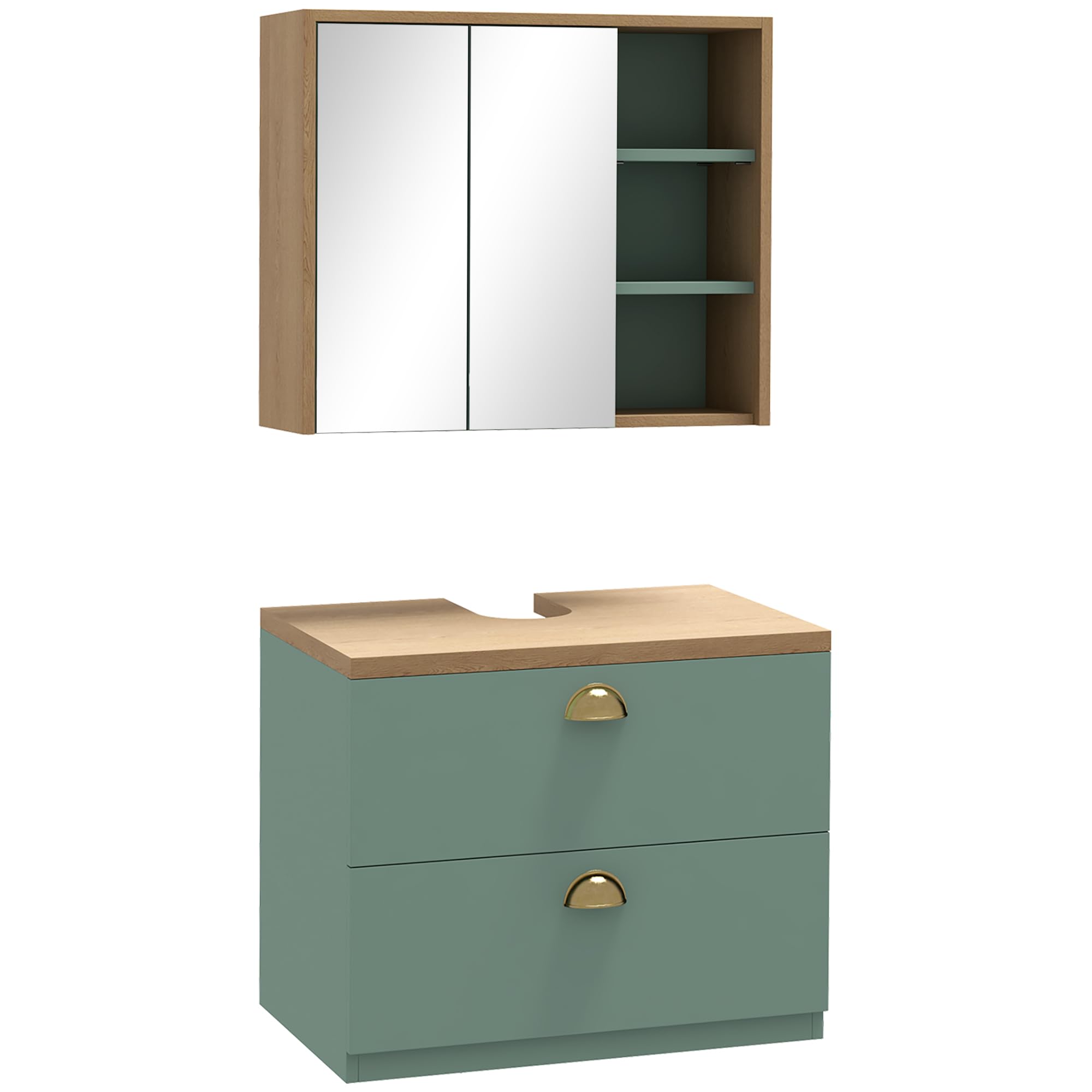 kleankin Ensemble de Meubles de Salle de Bain Armoire Miroir Salle de Bain + Meuble sous lavabo Suspendu avec étagères réglables 2 tiroirs Design scandinave Vert