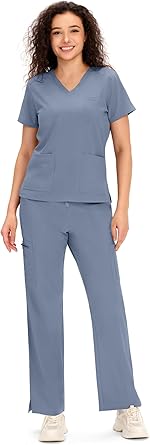COZYFIT Scrubs for Women - COZY SCRUBS V Neck Top and Bootcut Cargo Straight Pants with 12 Pockets