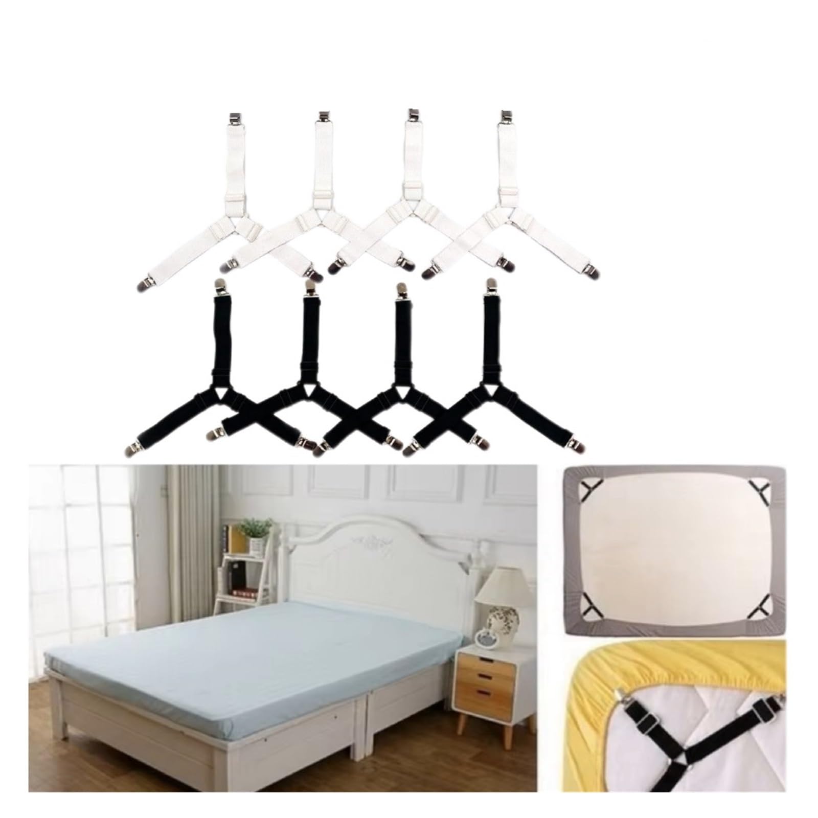 PFMSAAF bed sheet clips 4Pcs Adjustable Bed Sheet and Quilt Holder for Organizer Mattress Cover Clip for Home Elastic Straps Clips for bed(Black white-4pcs)