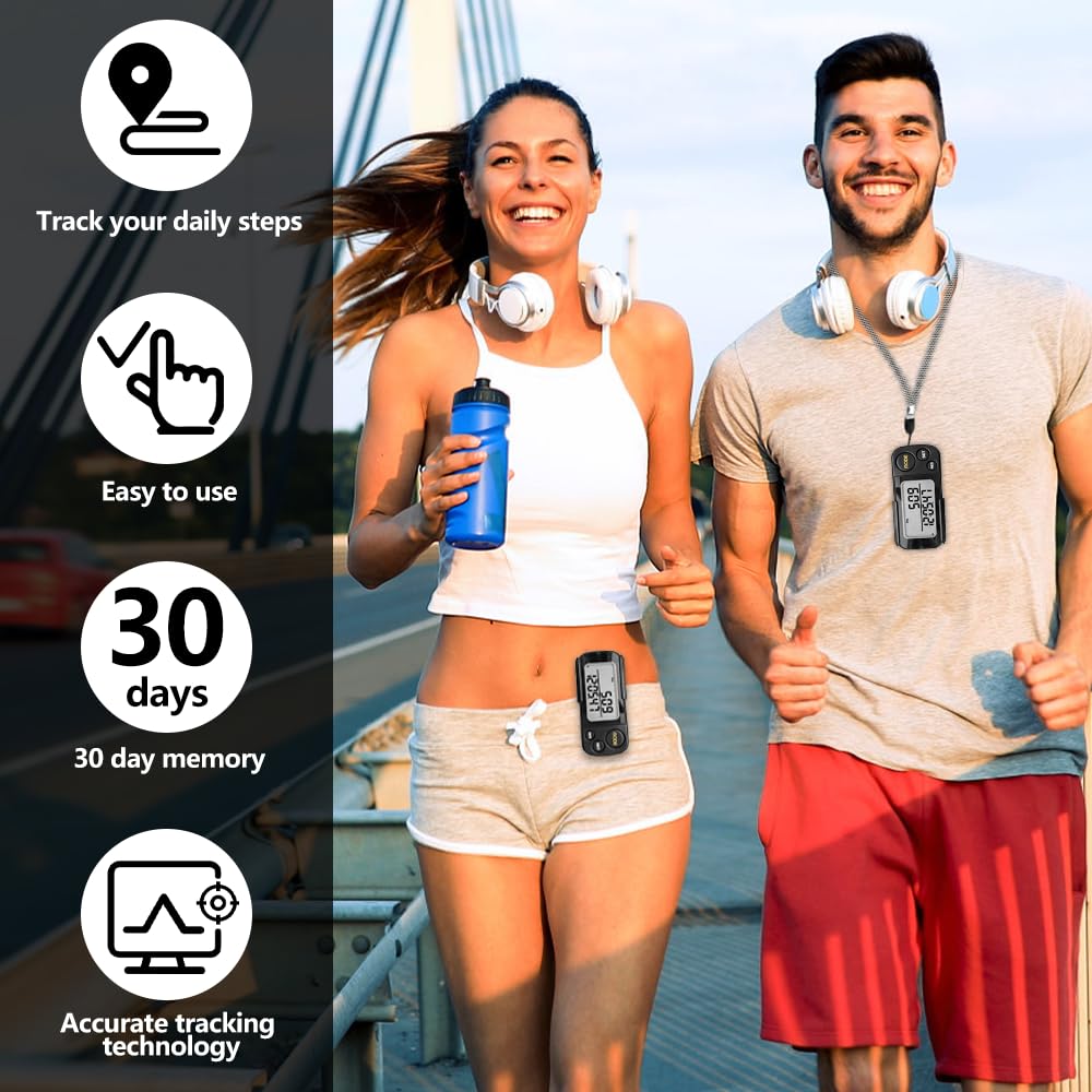 Podomètre Marche 3D, Compteur De Pas Distance Calories Horloge avec Clip et Lanière Podomètre Numérique 3D Portable Pas de Bluetooth 30 Jours de Mémoire pour Femme Homme Enfant, Noir
