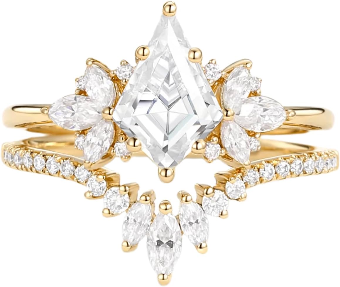 Kite Cut Moissanite Rings for Women S925 10K 14K 18K Gold D Color VVS Clarity Moissanite Engagement Ring Set Art Deco Moissanite Wedding Ring Set Promise Rings for Her Free Engraving 2Pcs